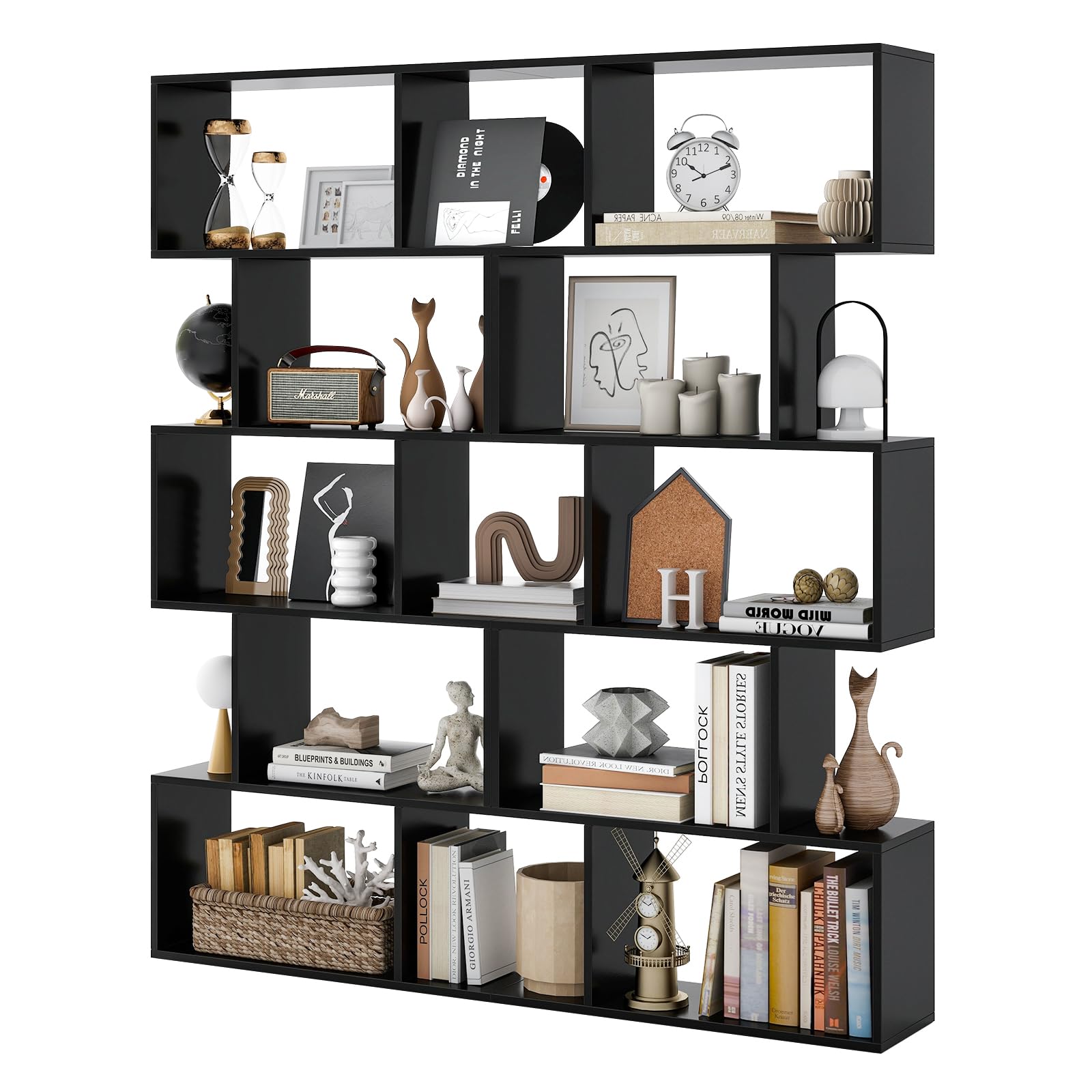 Giantex 5-Tier Geometric Bookshelf Set of 2 Black, 62.5" Tall Wood S-Shaped Bookcase with Anti-Tipping Device, Floor Standing Display Shelf for