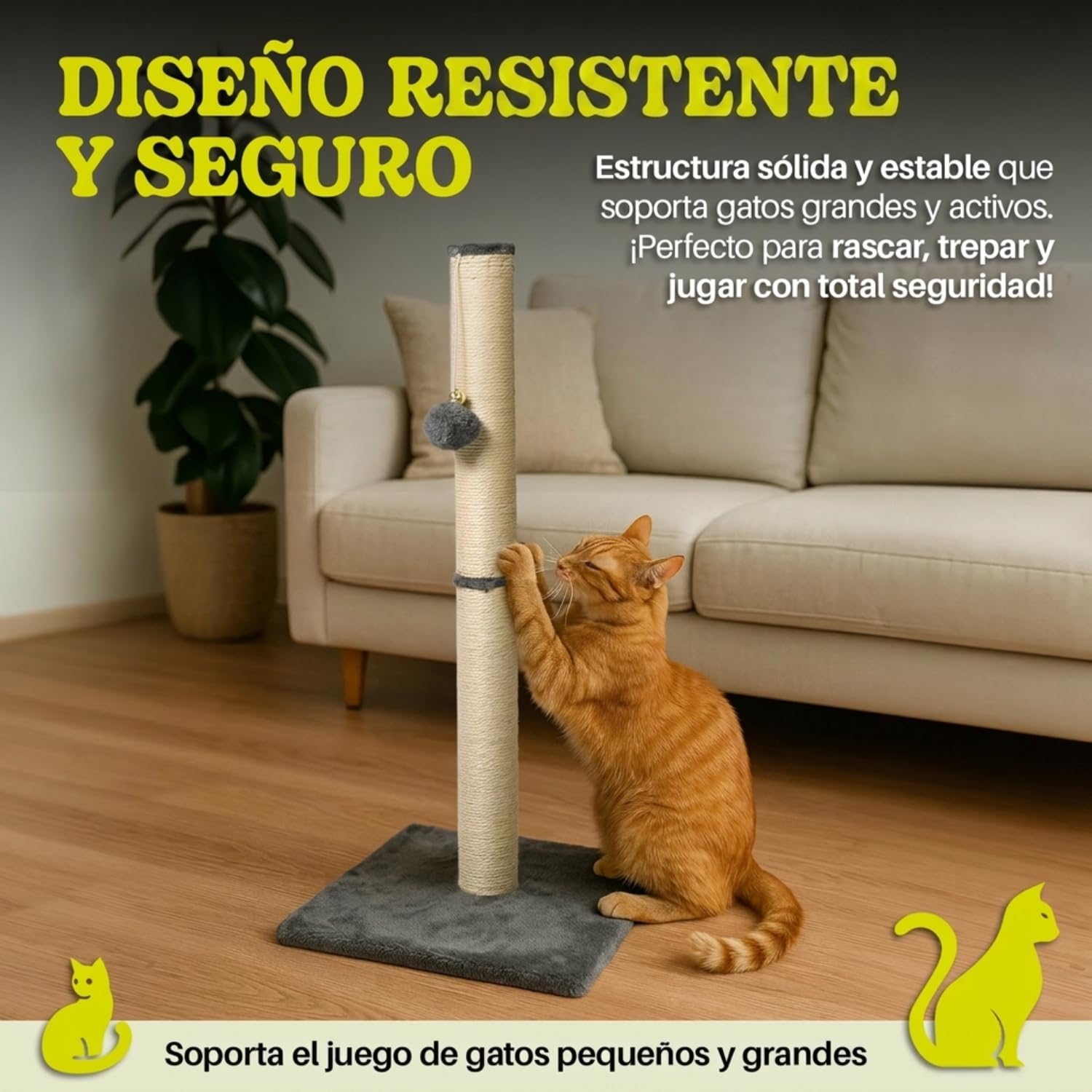 Rascador para Gatos Grandes de Interior, Poste Rascador de Sisal 74 cm con Cascabel en la Bola Colgante, Incluye Juguete de Plumas para tu Gato, Ideal para Afilado de Uñas y Diversión