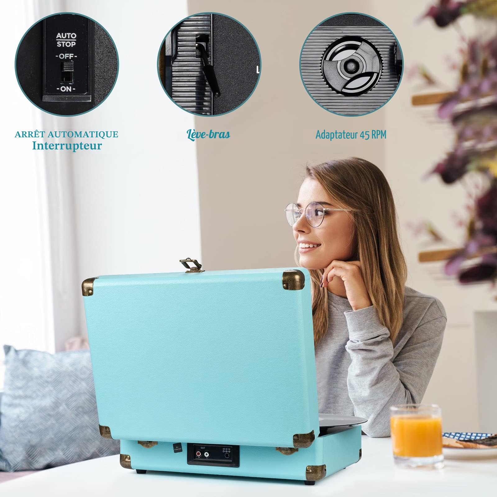 Retrolife Platine Vinyle 3 Vitesses Bluetooth Portable, Bleu Classique