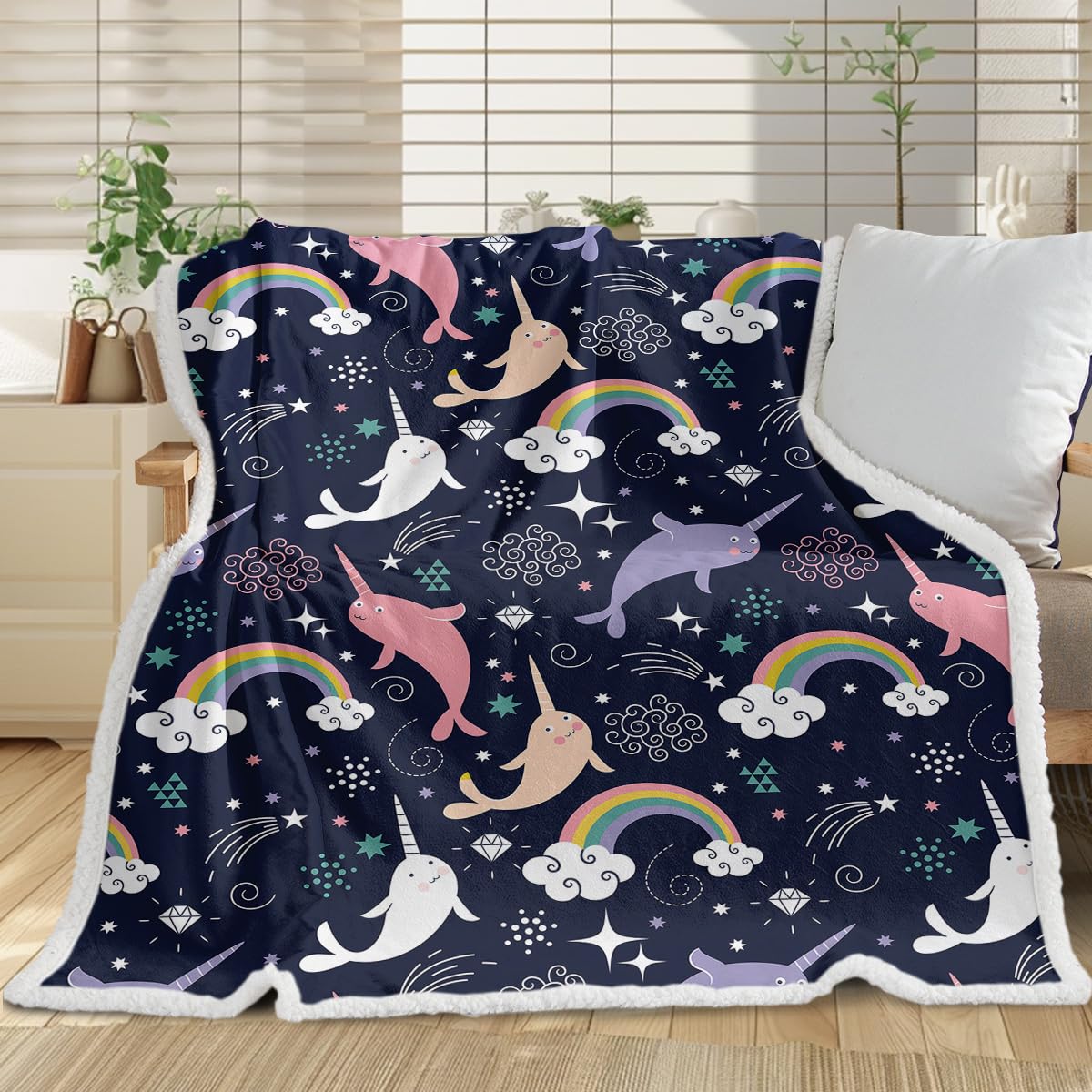 ARIGHTEX Cute Narwhal Soft Blanket Kids Rainbow Dolphin Animal Blanket Girls Cartoon Whale Black Sherpa Fleece Blanket Dolphin Gifts (108 x 90 Inches)