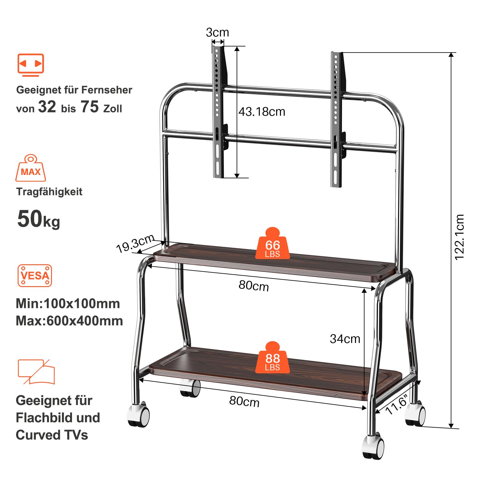 TV Ständer Rollbar für 32-75 Zoll Plasma/LCD/LED Fernseher, Mobiler TV-Ständer mit Doppelten Tablett und Lochplatte, Geeignet für Geschäfte, Wohnungen, Büros, Tragkraft 50 kg Max VESA: 600 * 400mm