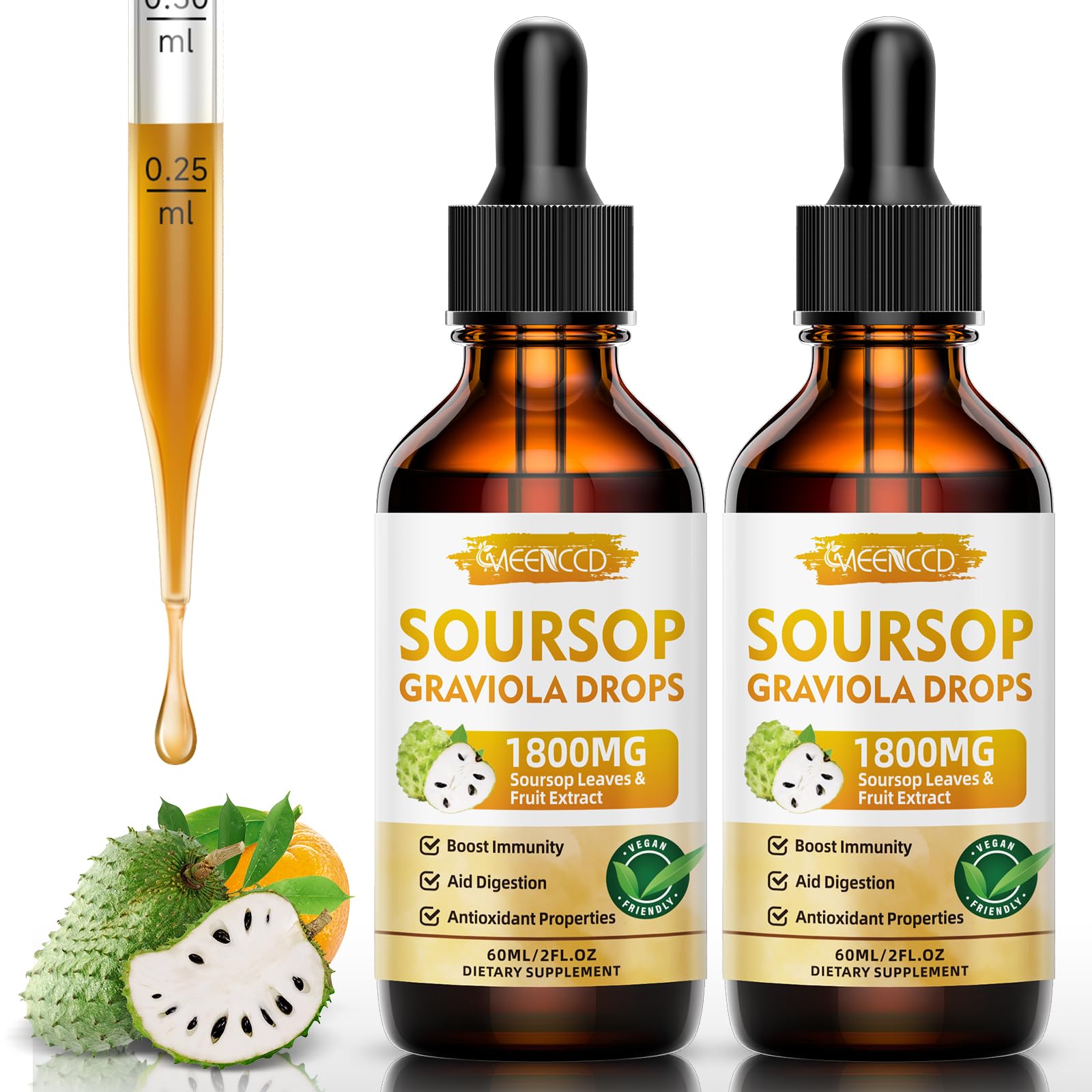(2 Pack) Soursop Graviola Liquid Drops 1800mg, Natural Antioxidant, Cell Support & Regeneration, Immune Boost, Soursop Bitters Liquid, Sugar-Free, Non-GMO, Vegan, Orange Flavor, 4 FL OZ