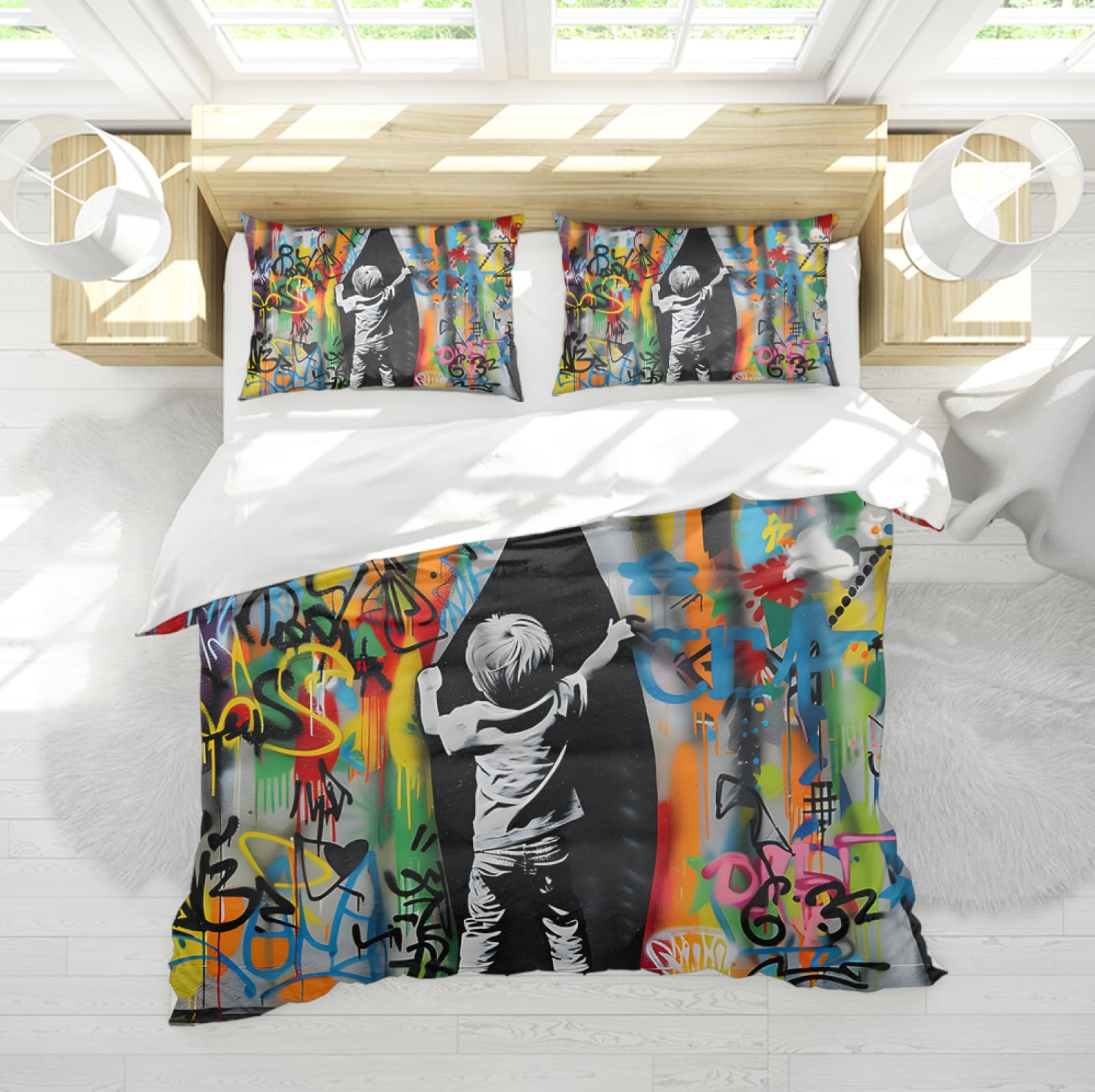 Boho Funda de edredón Set 3 Piezas Estilo Graffiti Colorido Lindo Chico Tirando de Las Cortinas Juego de Ropa de Cama con 2 Almohadas Shams Cremallera y 4 Corbatas 140 x 200 cm