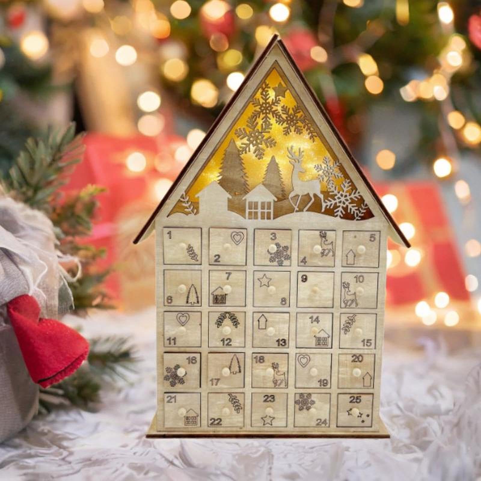 Calendario de Adviento de Madera, Decoración Navideña 2024, Iluminado, Ideal para Fiestas O para Colocar en La Mesa de Centro del Salón.