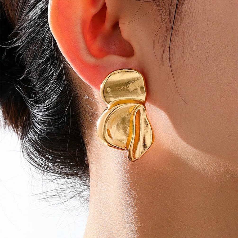 Unique Chunky Gold Plated Irregular Sectored Stud Earrings for Women, Statement Vintage Non Tarnish Drop Earring Trendy Prom Party Holiday Jewelry Gift - Image 3