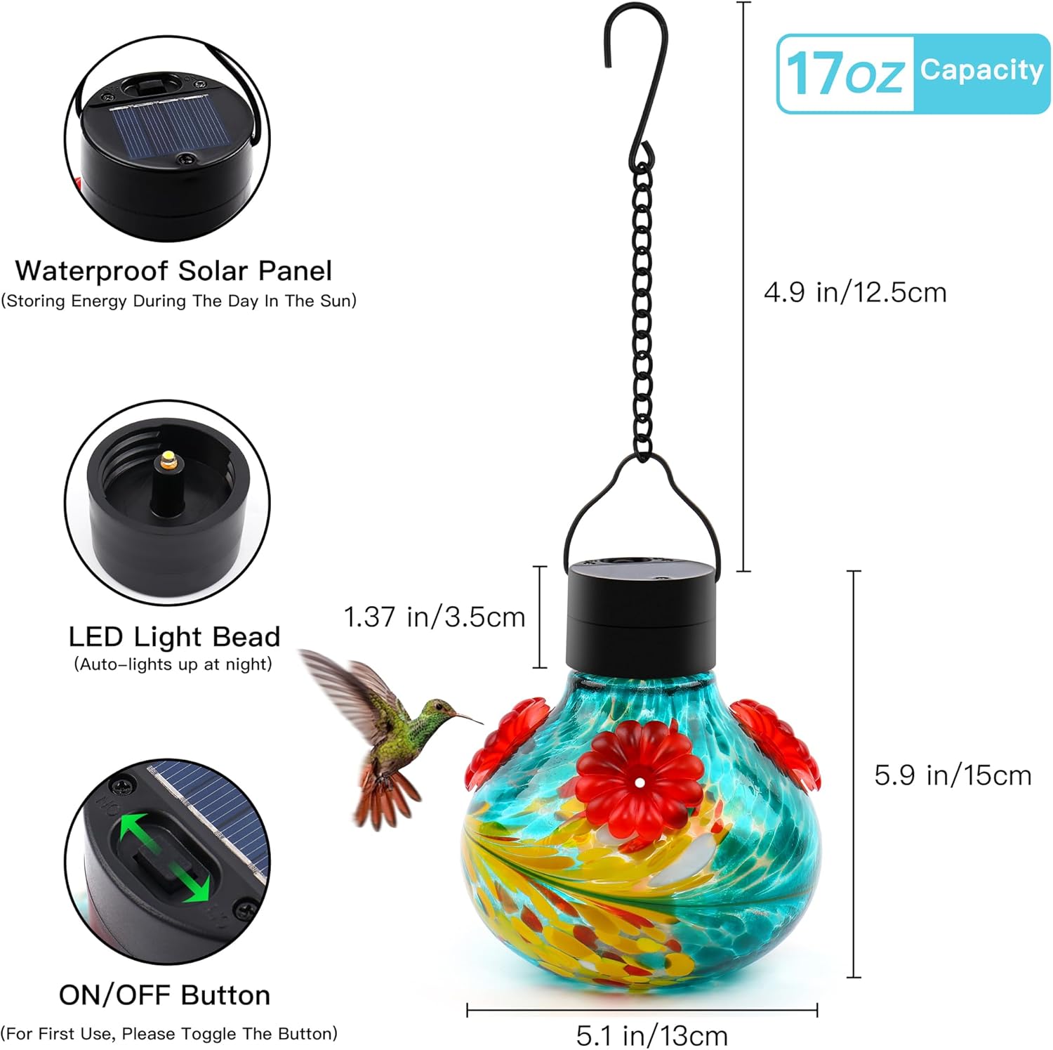 SAVENNA Hand Blown Glass Solar Hummingbird Feeder with Soft Night Light,17oz Leak-Proof Decorative Feeder for Outdoor Garden Patio Yard–Teal & Yellow Phoenix Swirl
