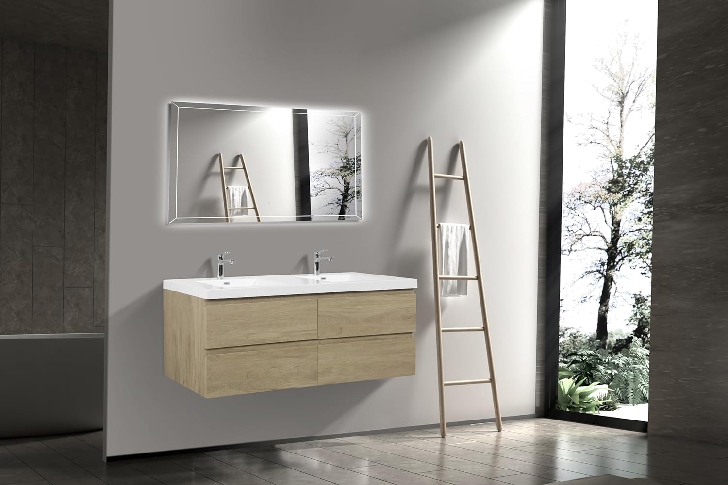 TONA 72" Floating Bathroom Vanity with Sink Combo Modern Design with Invisible Handle, Wall Mounted Bathroom Storage with 2 Resin Top Basin and 4 Soft Close Drawers - (Natural Oak, Angela 72")
