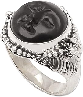 Artisan Handmade Ebony Cocktail Ring Crafted Wood Silver Sterling No Stone Indonesia [crownbezel 0.3 in H x 0.6 in Diam. Band Width 0.2 in W] ' Amun Ra'