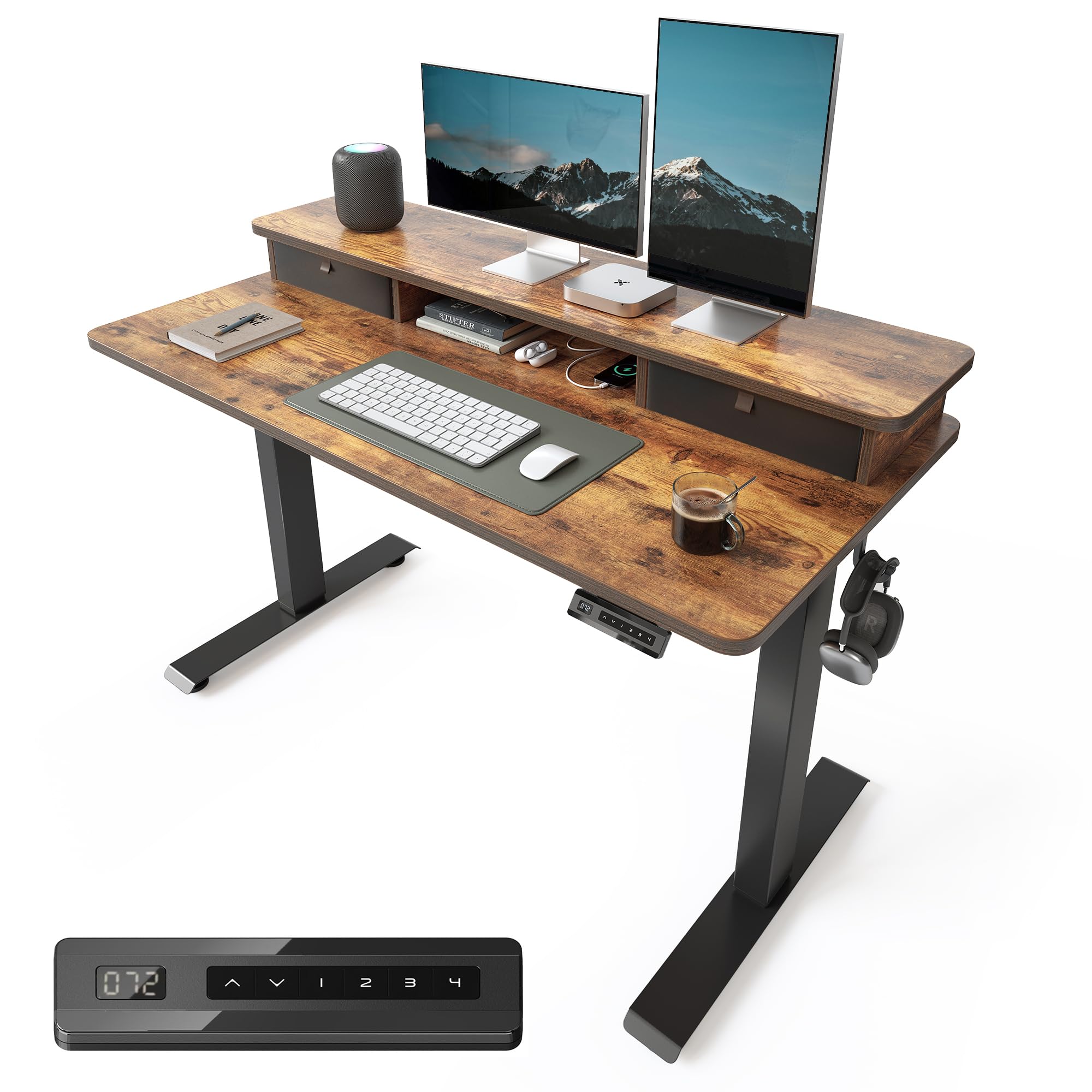 48x24 Inch Electric Standing Desk with Double Drawers Adjustable Feet Hooks Ergonomic Home Office Workstation Brown