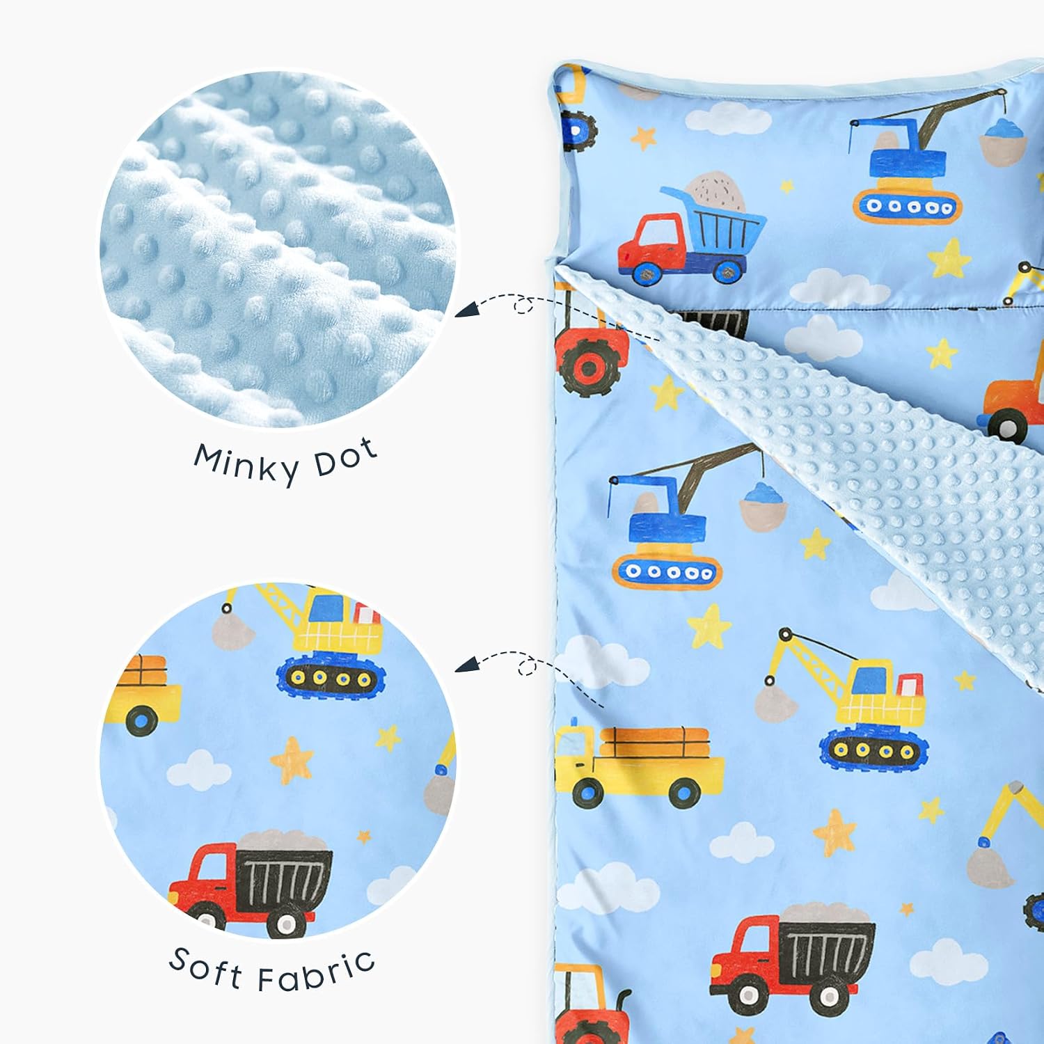 Wake In Cloud - Toddler Nap Mat with Pillow and Minky Fleece Blanket, for Kids Boys in Daycare Preschool Kindergarten, Roll Up Sleeping Bag, Cartoon Construction Car, Light Blue, Standard