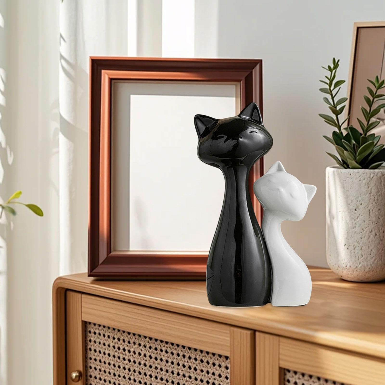 Coppia di Gatti Moderni in Ceramica Decorazione per Casa Scultura Astratta Statuina Collezionabile Adatta per Ufficio Soggiorno, L Black S White