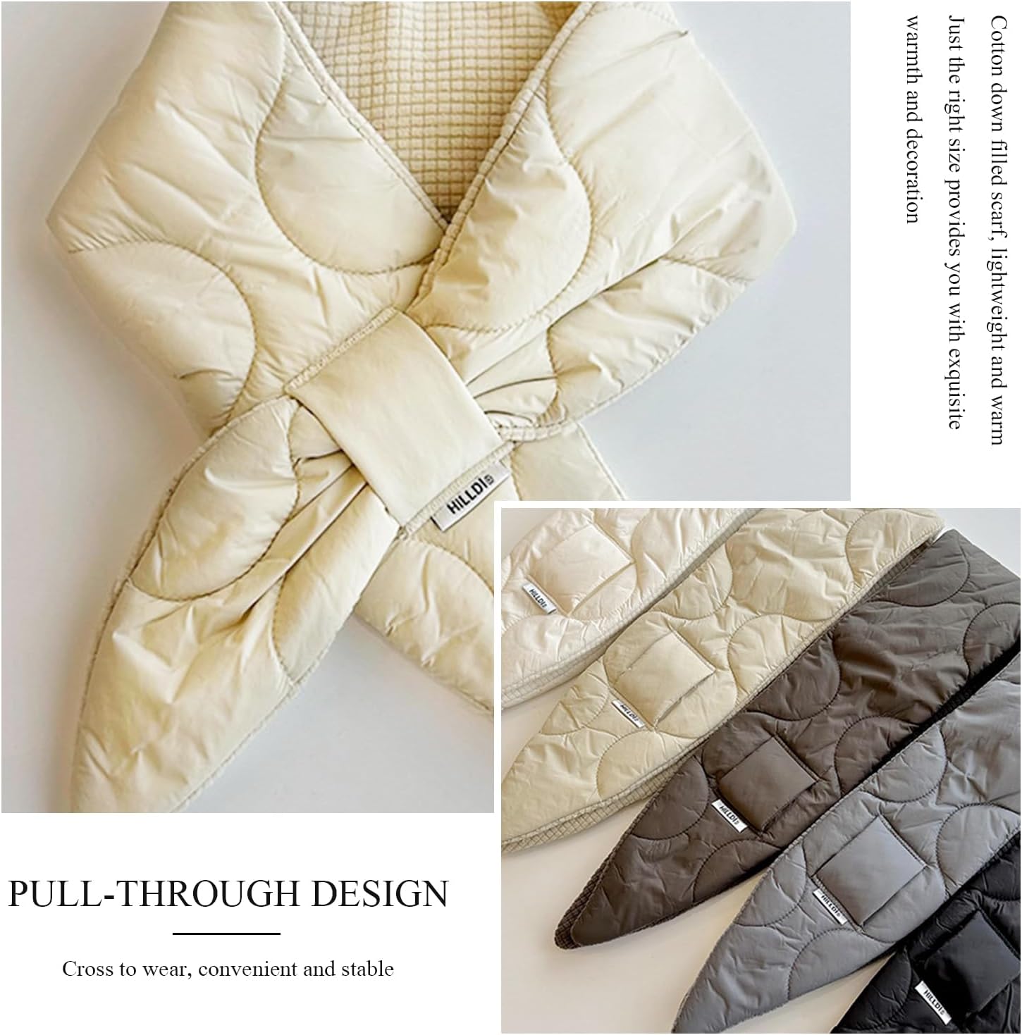 Winter Warm Scarf Solid Color Cotton Down Puffer Scarf Easy Pull-Through Small Neck Scarves Cross Collar Scarves - Image 4