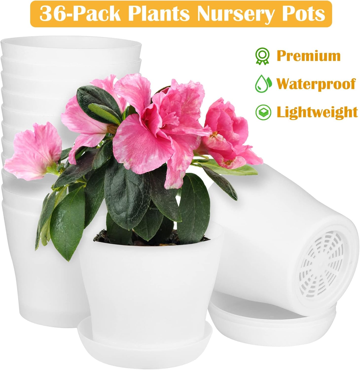 Hahood 36 Pack Plants Nursery Pots 4 Inches Plastic Flower Plant Pots Thickened Seedlings Nursery Pots with Tray White Flower Pots Gardening Plant Containers for Outdoor Indoor