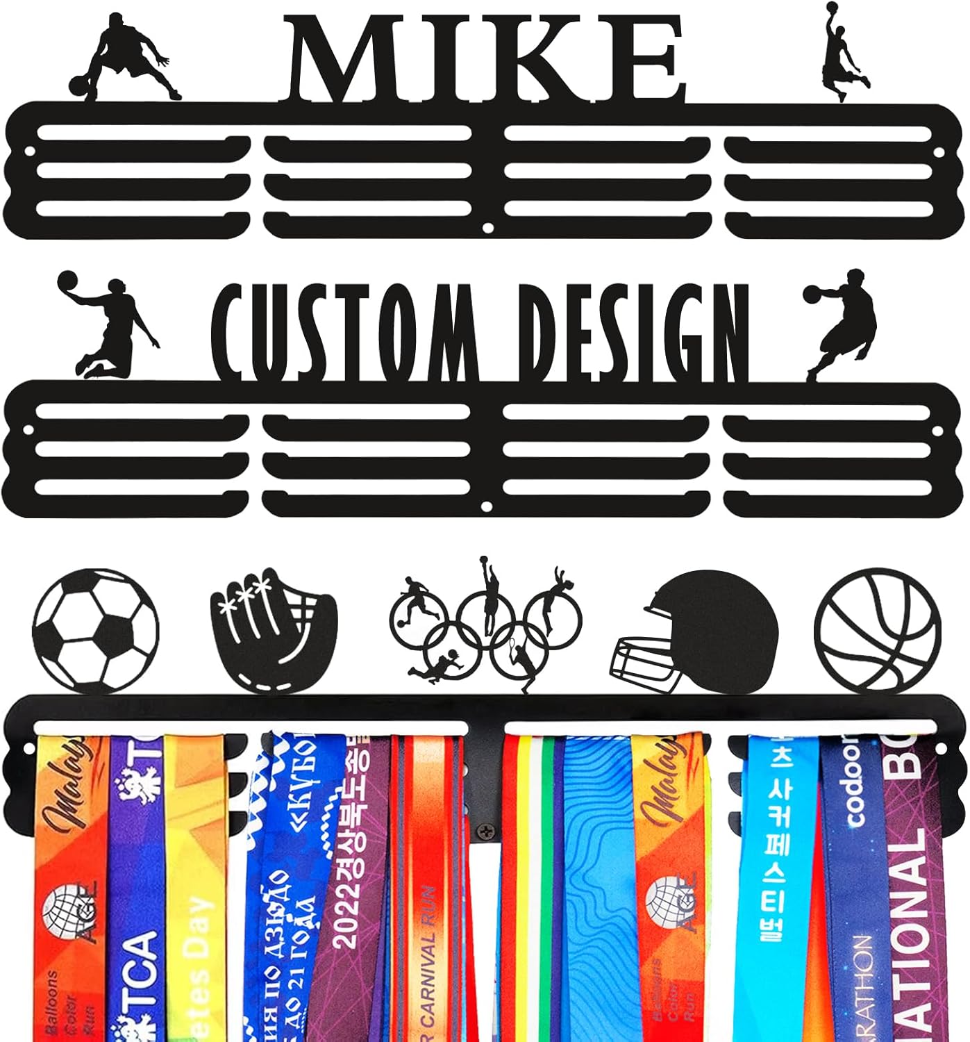 Personalized Medal Holder with Name Display Rack for Awards Ribbons - Metal Custom Sports Race Plaques Hanger for Wall Mount Hold Up 60 Medal Hanger Display for Athlete Boy Girl Kid