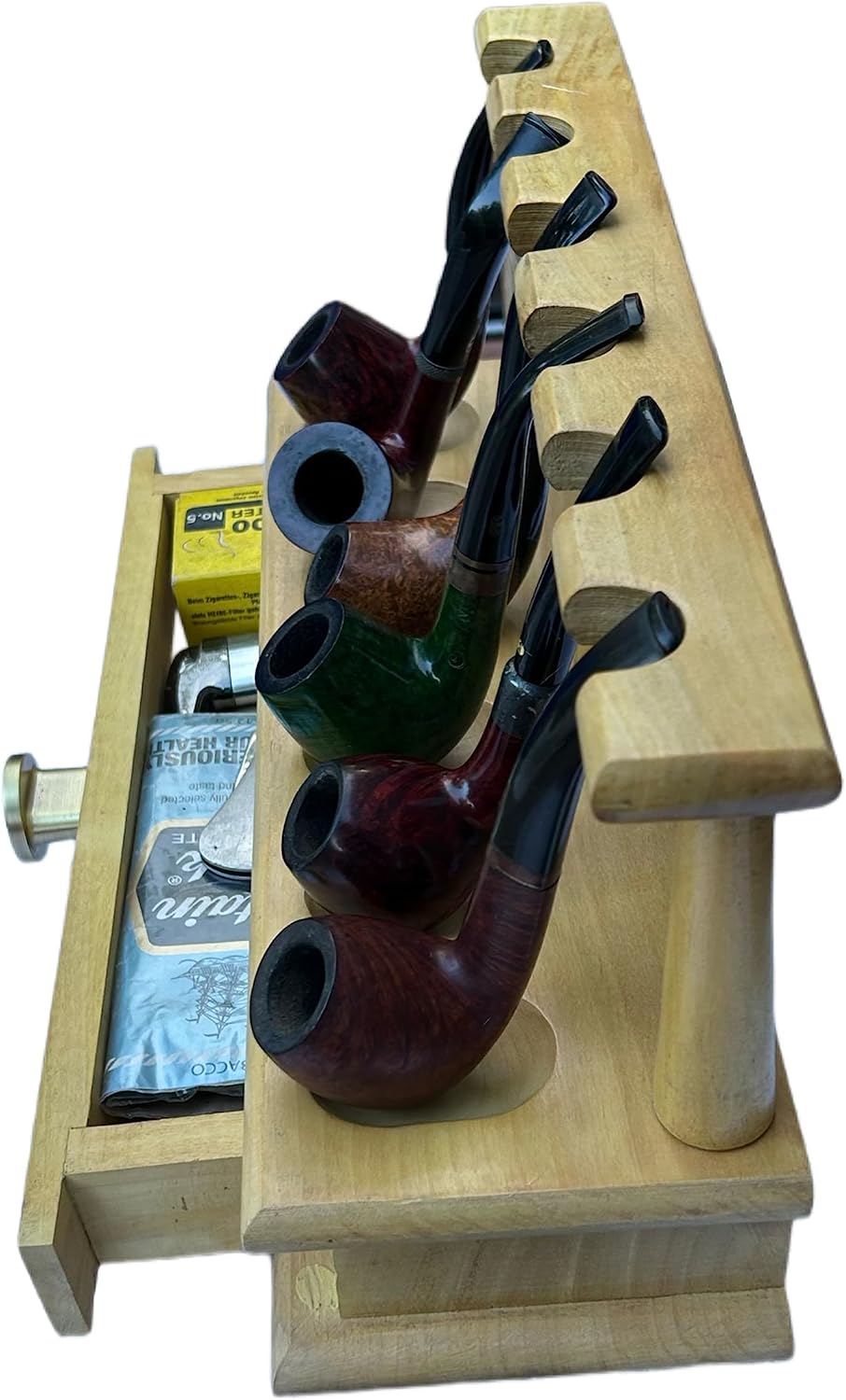 Tobacco Pipe Stand - Wooden Tobacco Pipes Display Rack Holder for 6 Smoking Pipes + Drawer for Smoking Accessories like Tobacco, Pipe Tamper, Cleaners, Lighters, Filters.