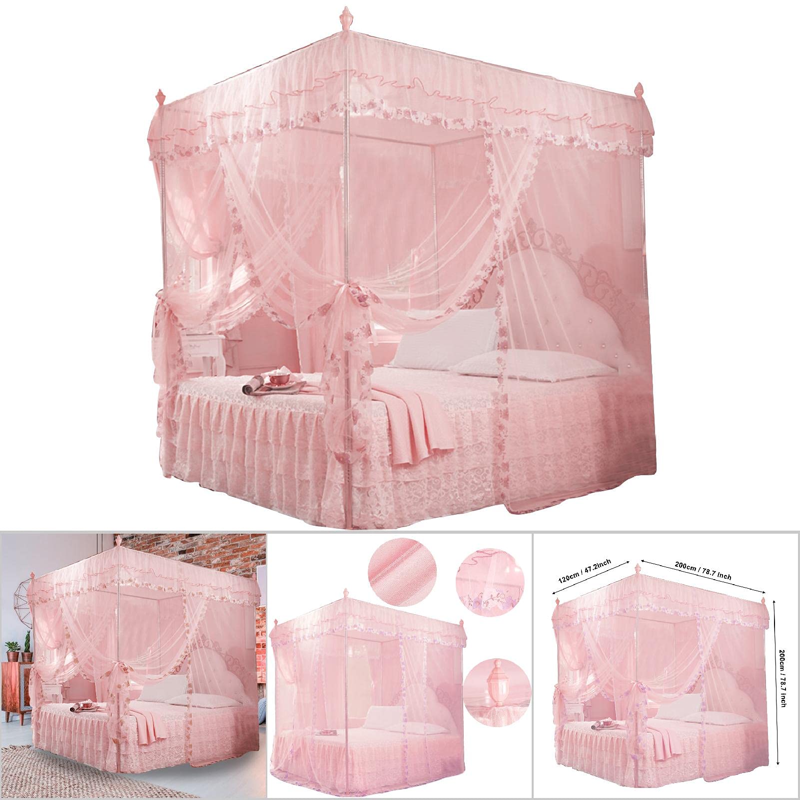 Luxury Princess 3 Side Openings Net 4 Corners Bed Canopy Curtain Netting Bedding for Bedroom(120 * 200 * 200/)