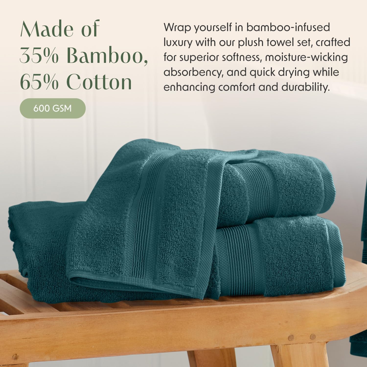 Springtree Home Luxury Viscose from Bamboo Bath Towel Set of 4 | 35% Viscose from Bamboo - 65% Cotton | Absorbent Quick-Dry Towels for Bathroom | Oeko-TEX Standard 100 Cotton | Deep Teal - Image 3