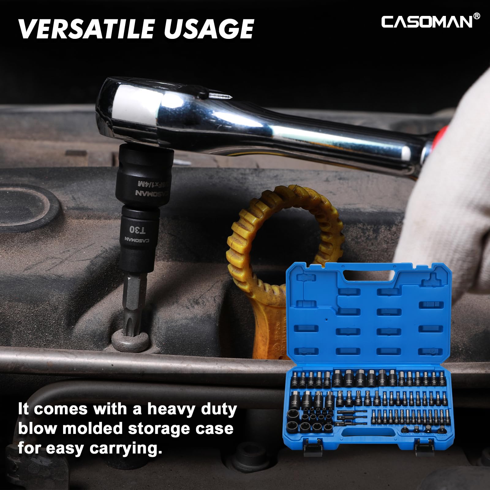 CASOMAN 71-częściowy zestaw nasadek sześciokątnych i Torx, napęd 1/10.2 cm i 3/20.3 cm i 1/5.1 cm, gniazda metryczne/SAE Hex Bit, gniazda Star Bit (T6 - T70), gniazda E-Torx (E4 - E24), z etui do