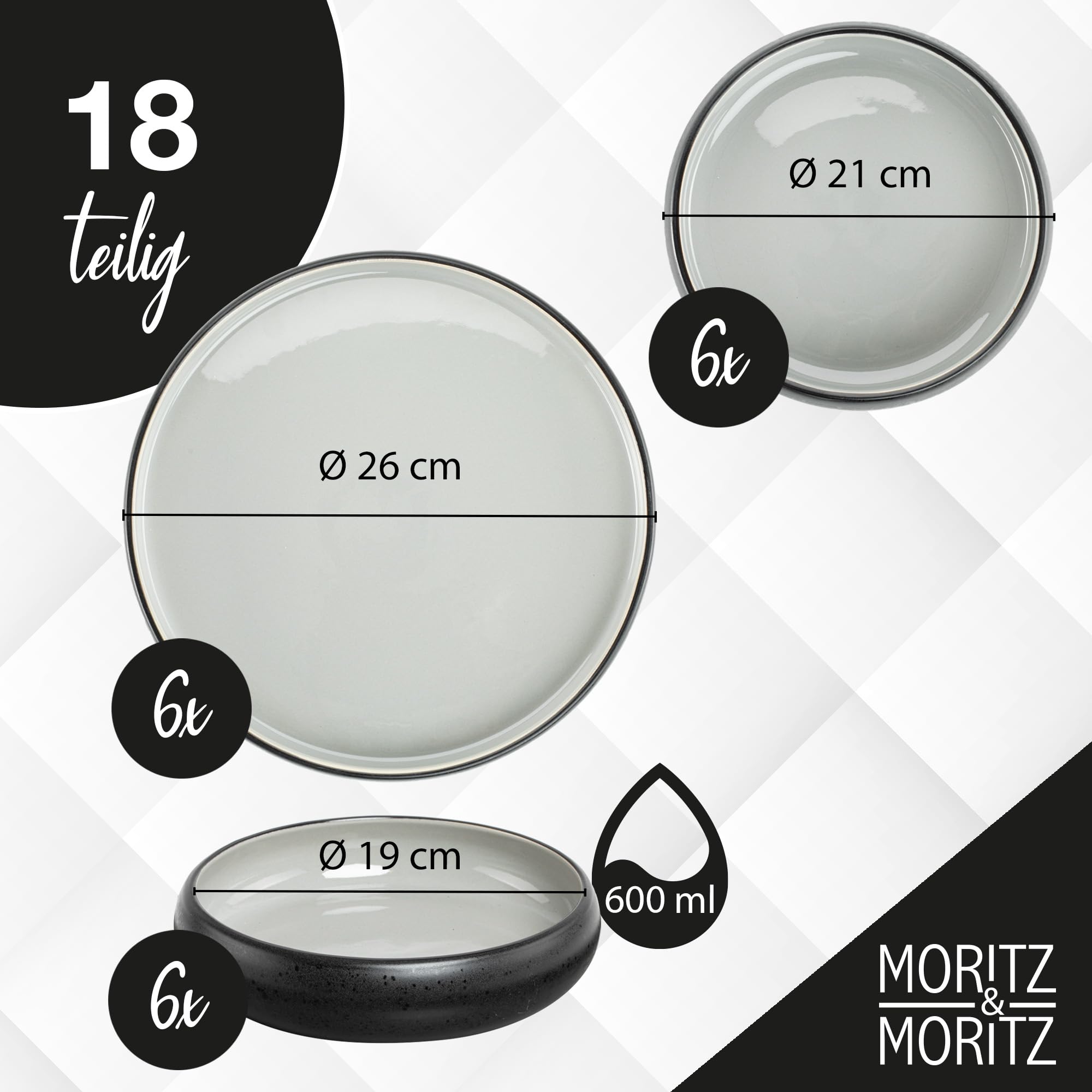 Moritz & Moritz SOLID UNI Serviesset voor 6 personen, grijs, 18-delig, magnetron- en vaatwasmachinebestendig, eetservies, tafelservies, combiservies voor 6 personen, grijs