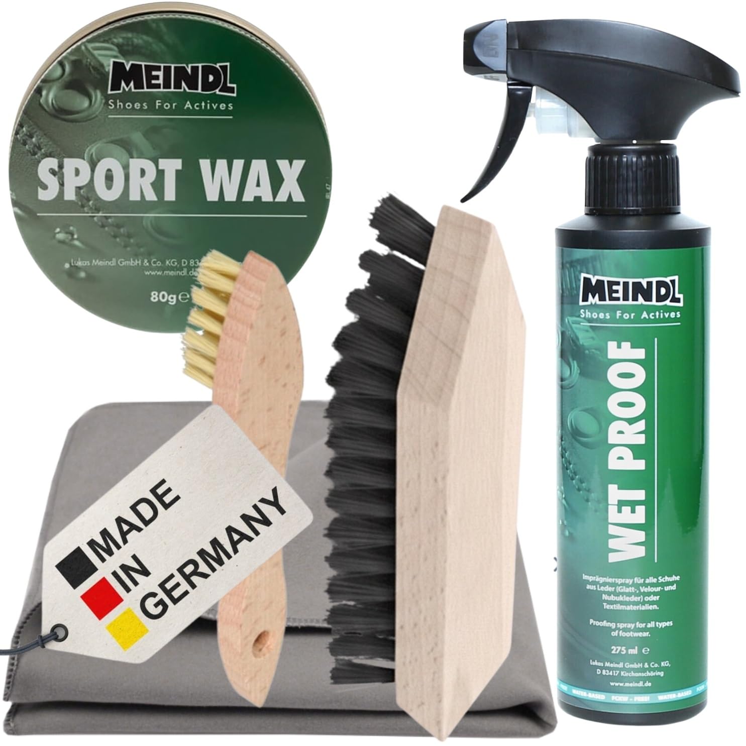 RENNER XXL Meindl Premium-Schuhpflegeset für Stiefel – Sportwax & Imprägnierer – Wet Proof für Leder, Nubuk & Outdoor-Schuhe – Komplettes Pflege-Set