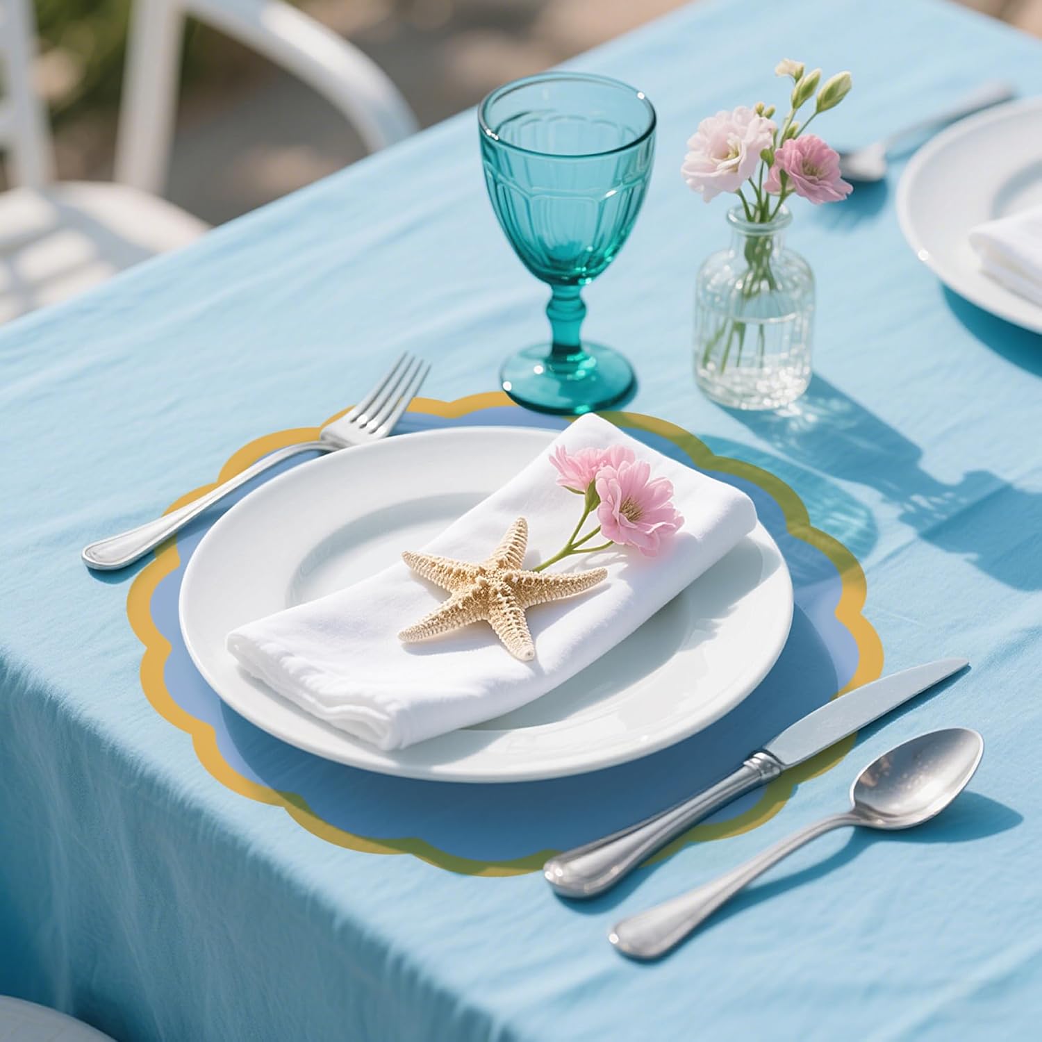 100 Pcs Dusty Blue Paper Placemats 13.5 Inch Disposable Scalloped Colorful Pastel Round Table Place Mats with Gold Edges, Decorative Colors Mats for Birthday Wedding Baby Shower Banquet Tea Party