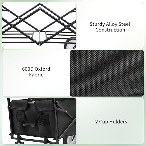 Miniatura 4 de AthLike Carro plegable de alta resistencia, carrito de lona plegable portátil, con 2 portavasos, para exteriores, comestibles, jardín, compras,