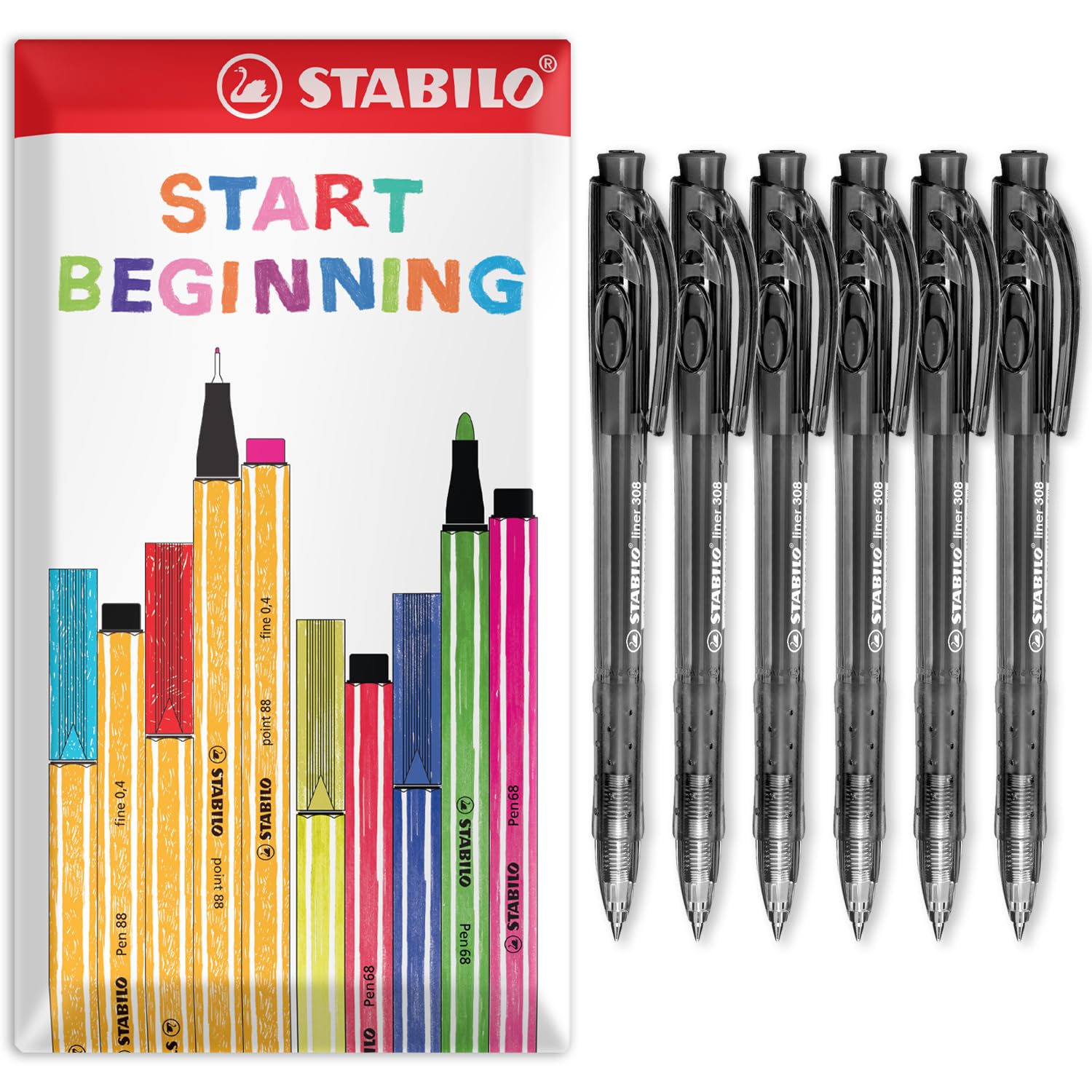 STABILO liner 308 - Retractable Ballpoint Pen - Fine 0.7mm Nib Pens - Envelope Gift Pack of 6 (Black)