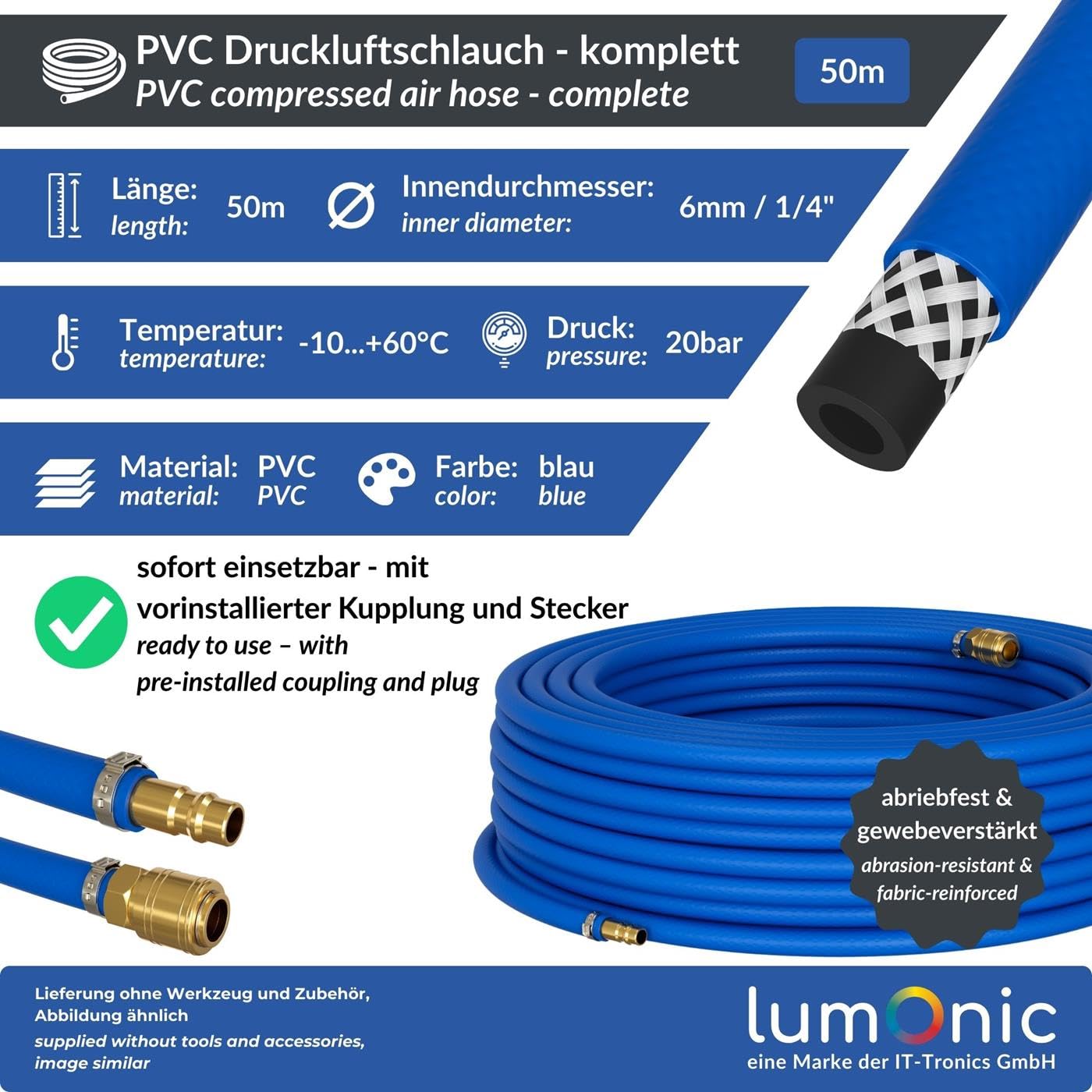 Lumonic 50m Tubo flessibile per aria compressa con raccordo a sgancio rapido I 6mm I pronto per l'uso I Flessibile, resistente all'abrasione e rinforzato in tessuto I PVC Estensione dell'aria compress