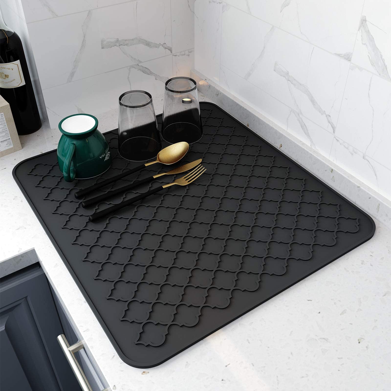 Silicone Drying Mat for Kitchen Countertops, 12 X 16 In, Kitchen Drying Mat (Black)