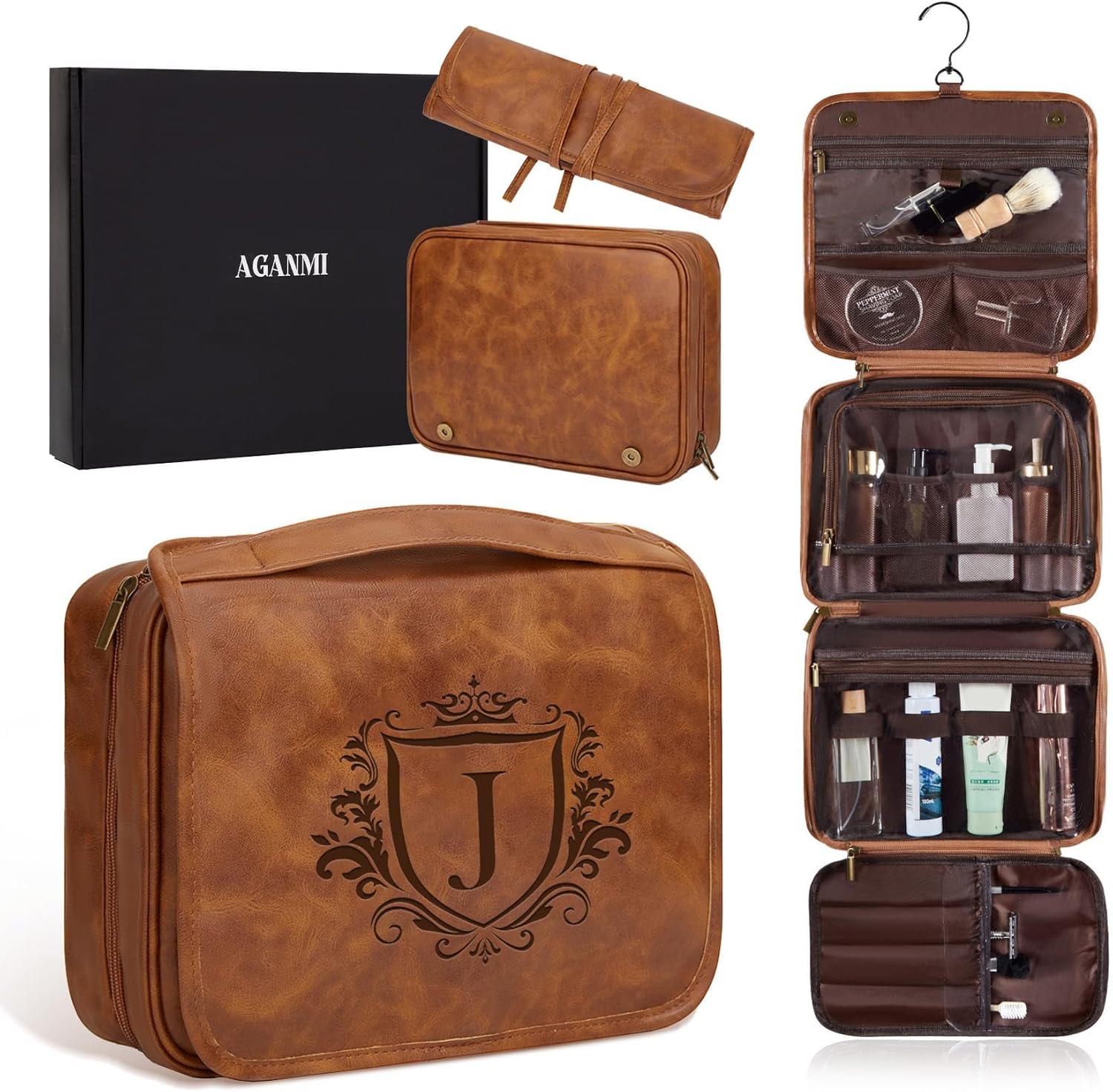 Personalized 3-in-1 Hanging Toiletry Bag Fathers Day Birthday Gifts for Men Dad Husband, Custom Initial Large Waterproof PU Leather Dopp Kit Shaving Bag Travel Essential for Him Light Brown J