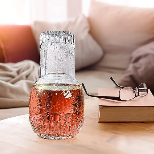 Miniatura 7 de JASREE Jarra de agua vintage con vaso 298fl oz30 oz para mesita de noche con 2 tazas de decantador de enjuague bucal de vidrio grueso para el hogar