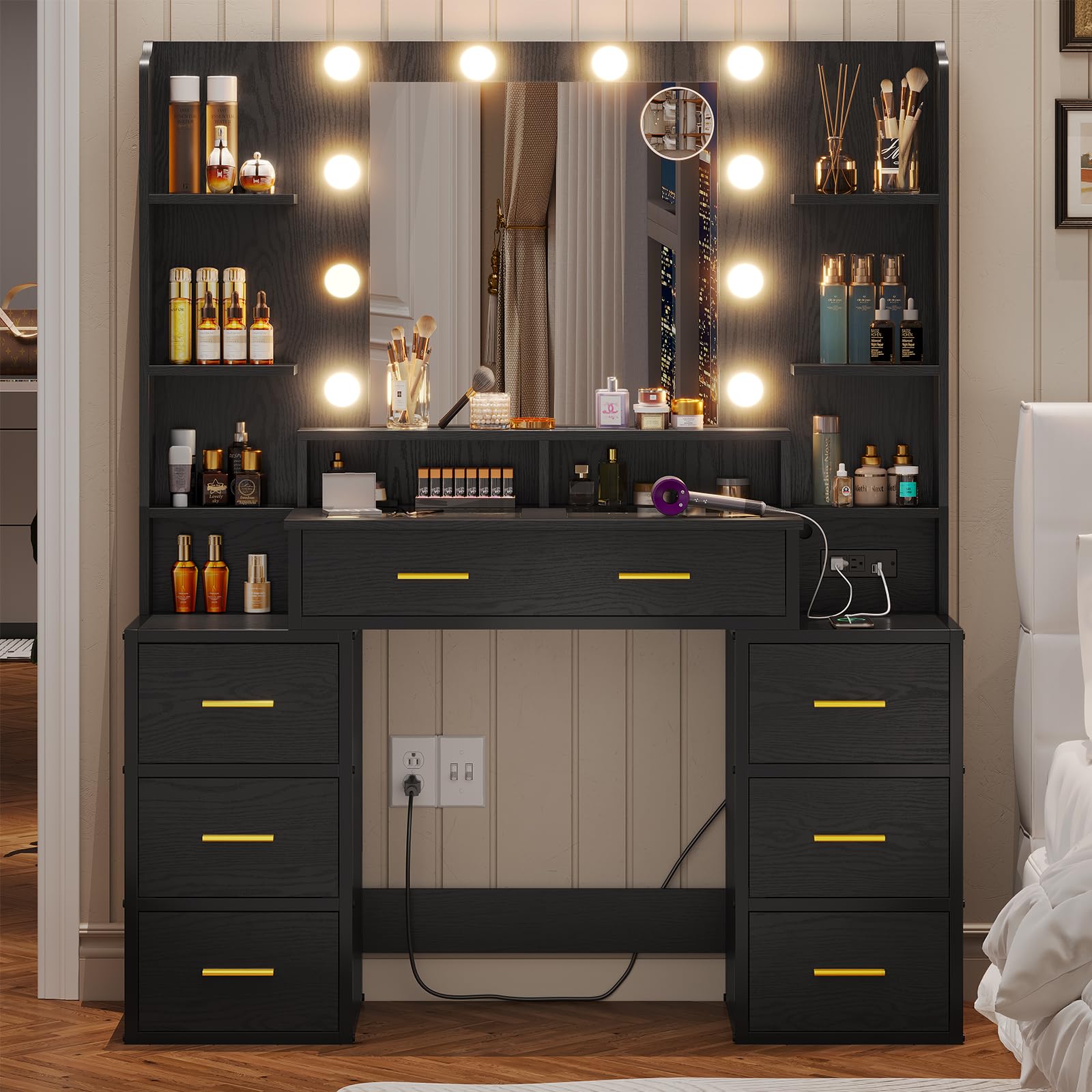 BTHFST Vanity Desk with Mirror and Lights & Glass Top,Makeup Vanity with Lights,10x Magnifying Mirror & Charging Station,Large Vanity Table with 8 Drawers,Acrylic Dividers & Shelves,Black Wood Grain