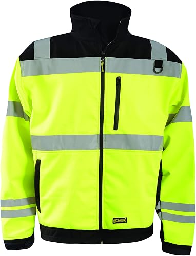 LUX-M6JKT-YXL Water Resistant & Breathable M6 Soft Shell Jacket with 6 Pockets & D-Ring, 3 Season Design, Class 3, 100% ANSI Polyester, X-Large, Yellow (High Visibility)