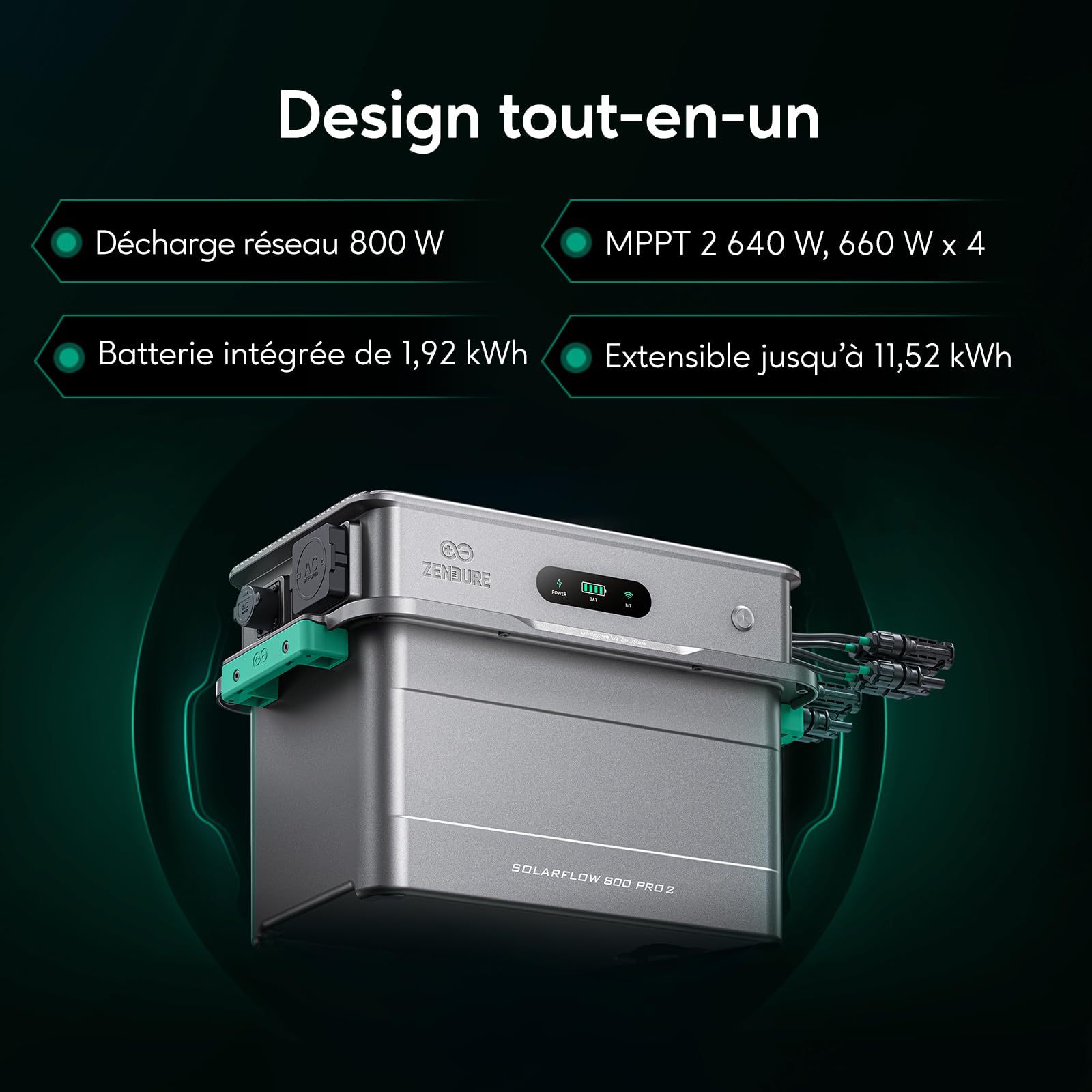 Zendure SF800 Pro2, Centrale Électrique de Balcon avec Entrée 2640W, Charge 1000W, Sortie 800W, Système de Gestion Énergétique IA, 1.92kWh-11,52kWh Batterie Extensible -500W*2 Panneau Bifacial