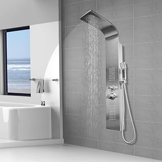 Elbe Panel de ducha de acero inoxidable para montaje en esquina, 3 funciones con ducha de lluvia, juego de ducha con alcachofa, ducha de lluvia y 2 duchas de masaje, juego completo de grifo de ducha