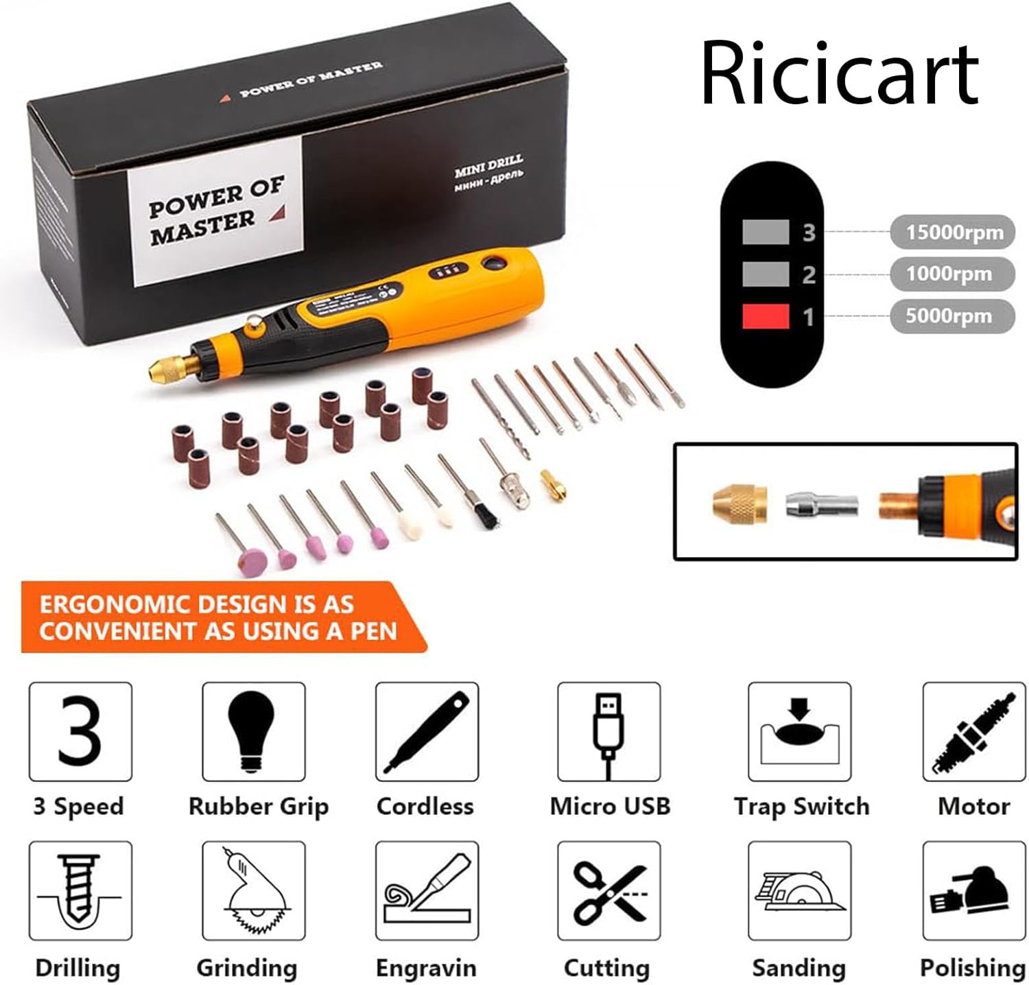 32Pcs Cordless Drill Machine, 900Ah USB Rechargeable 3 Speed Hand Drill Machine Mini Drill Machine for Wood Carving, Cutting & Grinding, Mini Rotary Tool Kit with Accessories (32Pcs Set)