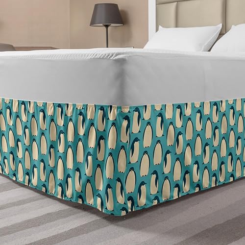 Ambesonne Penguin Bed Skirt, Arctic Birds Animal Characters Pattern on Teal Background South Pole Fauna, Elastic Bedskirt Dust Ruffle Wrap Around