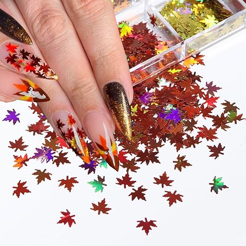 Miniatura 4 de Lentejuelas para uñas con purpurina de otoño, hojas de arce, copos con purpurina 3D, láser holográfico en forma de hojas de arce para uñas,