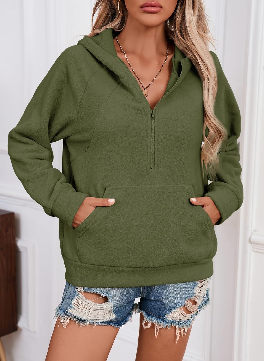 SHEWIN Womens Hoodies Casual Quarter Zip Pullover Hoodie Fleece Oversized Sweatshirt Fall Outfits for Women 2025 - Image 3
