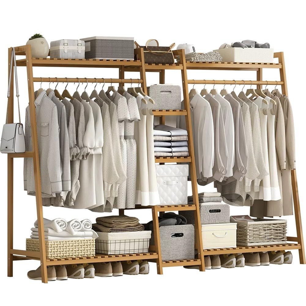 XDLEDMKIZ Bamboo Freestanding Clothes Rack with Top Shelf and Garment Rack for Bedroom and Entryway Storage