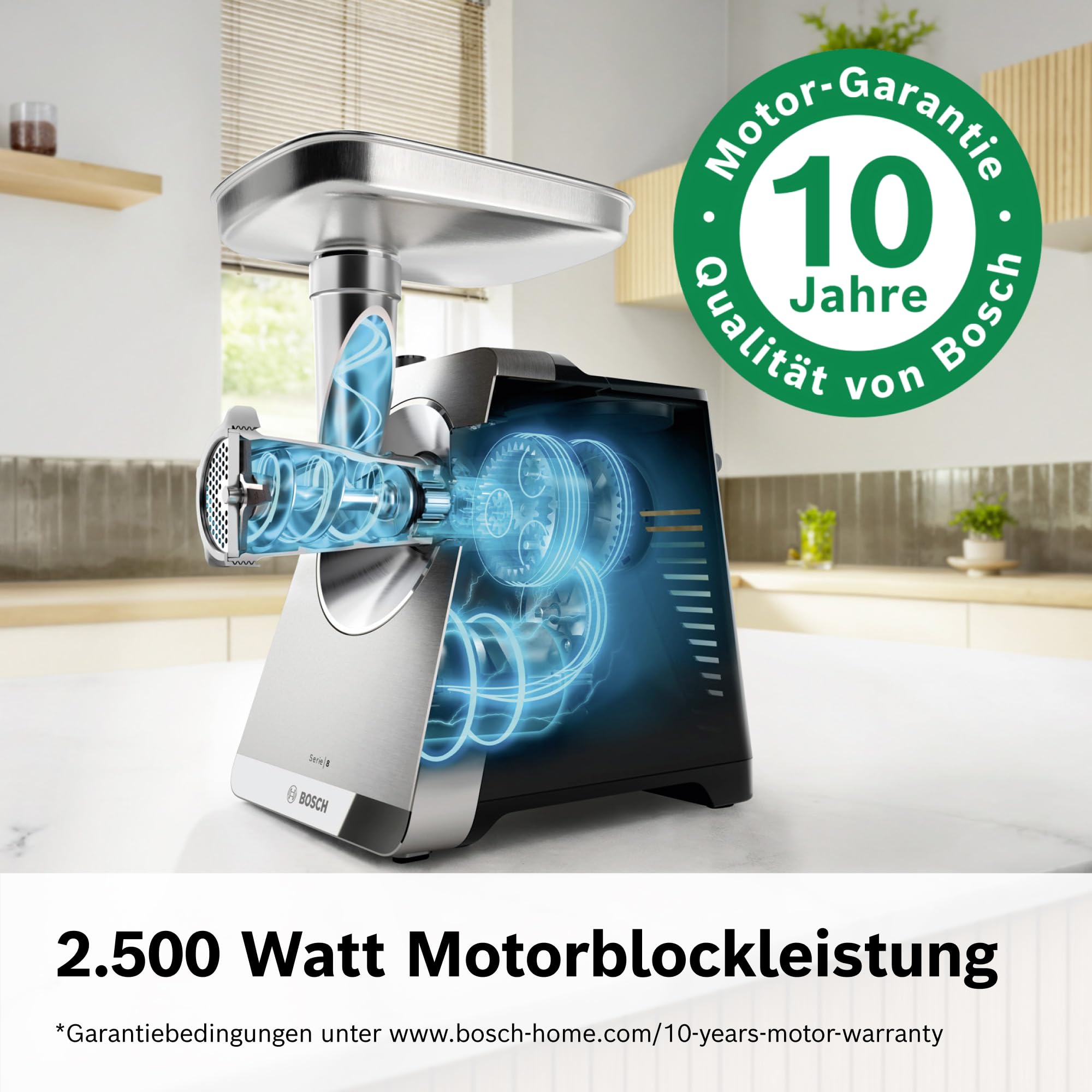 Bosch Fleischwolf Serie 8, 3 Lochscheiben (3/4,5 / 8mm), Edelstahl, spülmaschinenfest, Kebbe- & Wurst-Aufsatz, Durchlaufschnitzler, Motorblockleistung 2.500 W, elektrisch, MultiPower MFWS840M