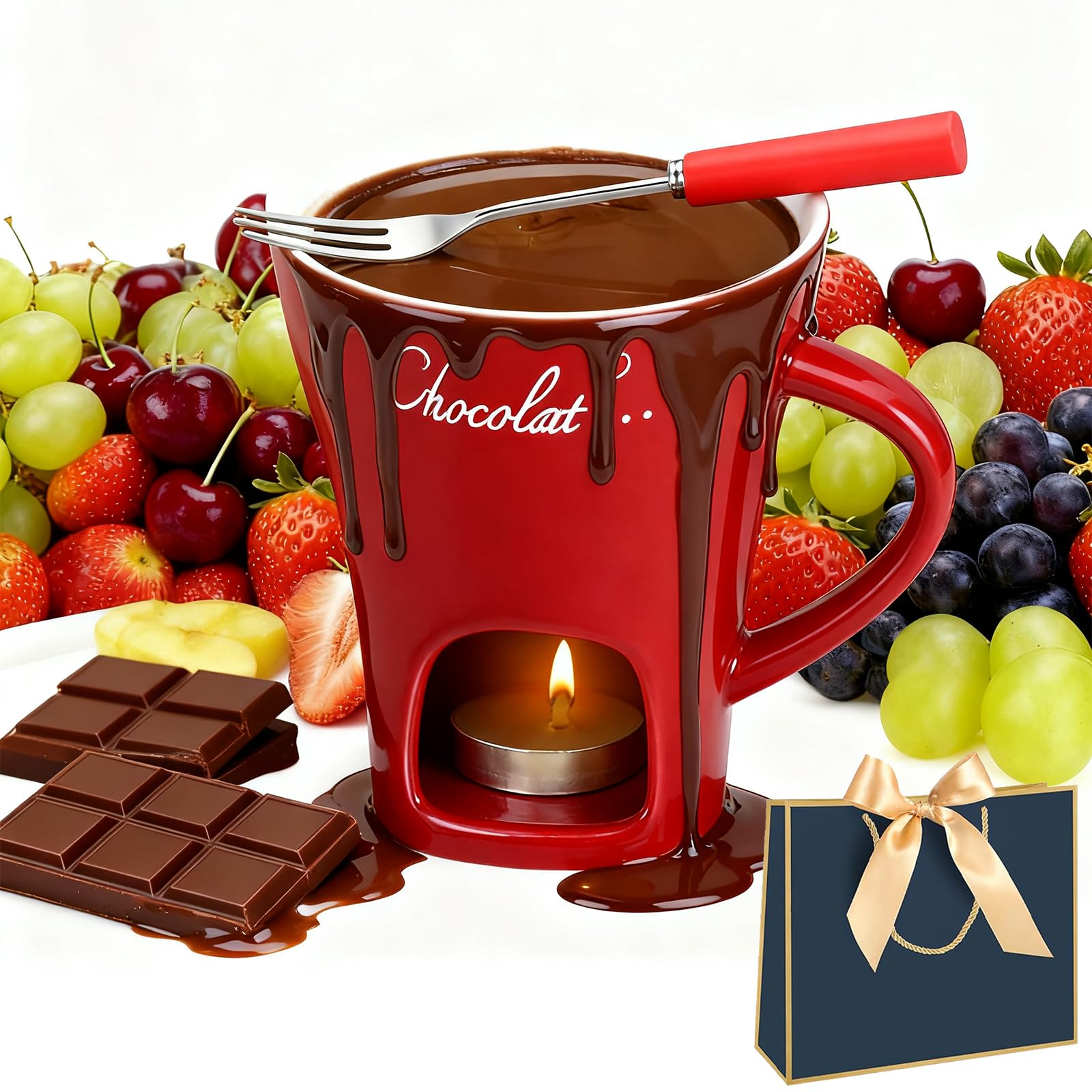 Schokoladenfondue Tasse, Fondue Tasse mit Teelicht und Gabel, Keramik Schoko Fondue Tassen, Tasse mit Teelicht Schokolade, für Käse, Schokolade, Butter und Karamell (Red)