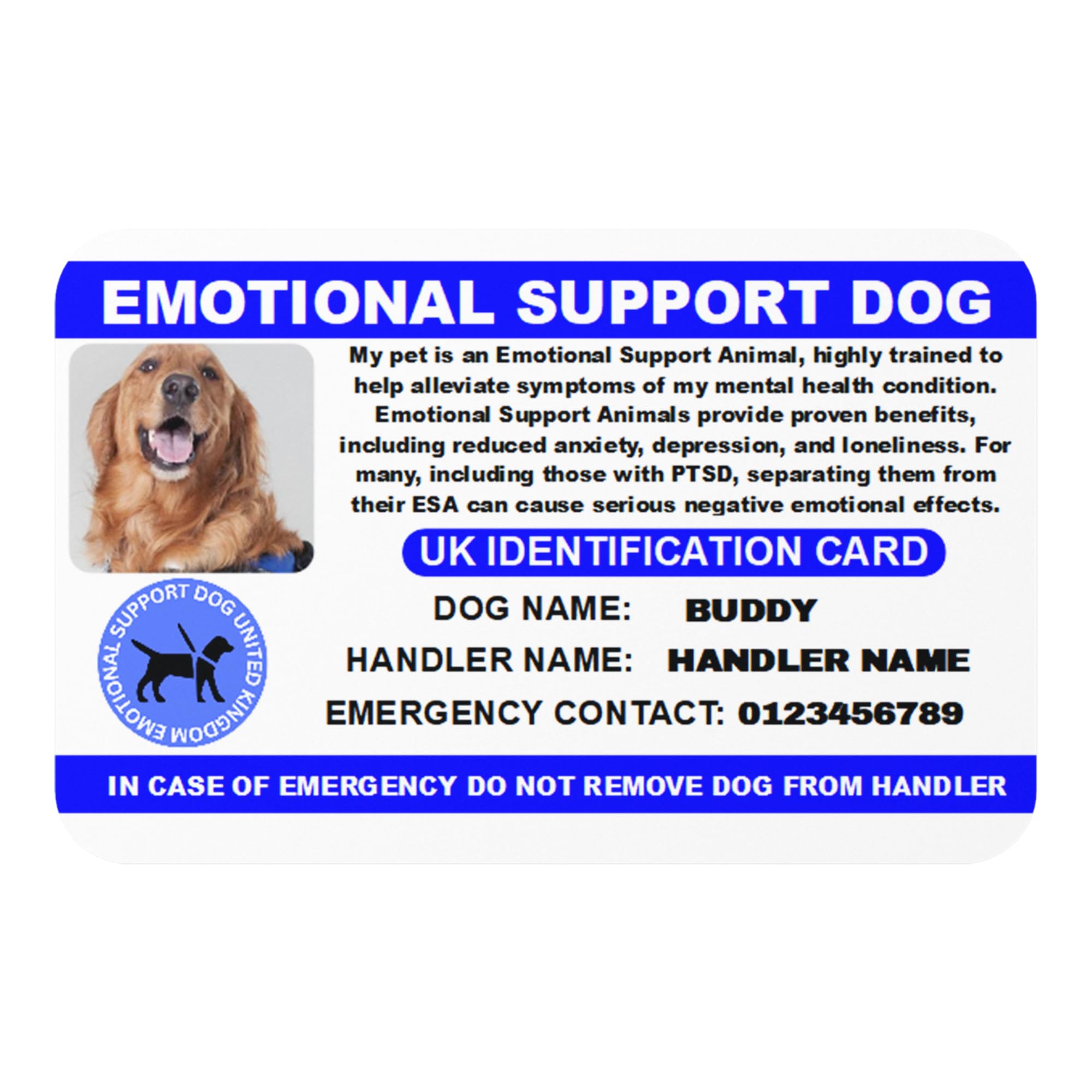 Emotional Support Dog Card – UK ESA Identification Card with Dog Photo, Handler Info & Emergency Contact – Durable Plastic – Mental Health Message – Optional Tags, Holder & Vest – AD68