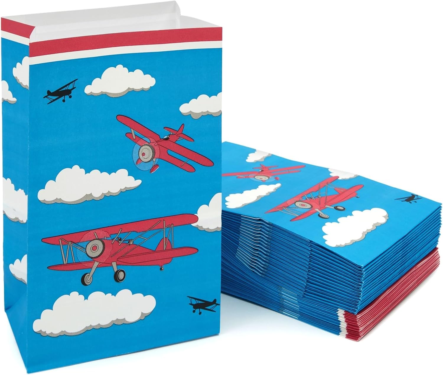 Juvale 36 Pack Small Paper Airplane Goodie Bags - 5.1 x 8.7 x 3.2 in Gusset - Plane & Cloud Cartoon Design - Durable Gusseted Bottom - Airplane Party Favors & Birthday Bags for Kids