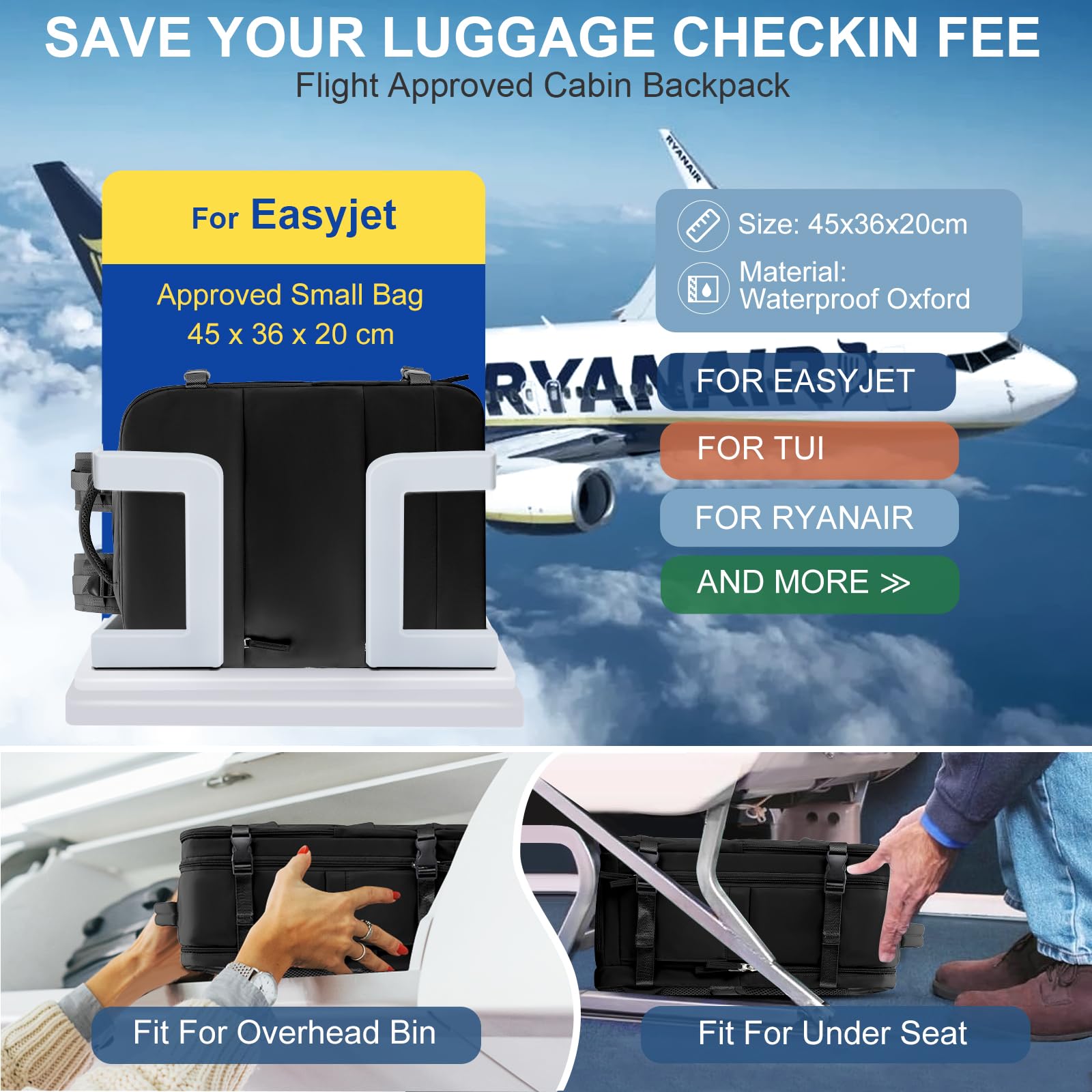 SZLX Zaino Ryanair 40x20x25 Donna Zaino da Viaggio 40x30x20 Sottovuoto con pompa Bagaglio a Mano Sottovuoto Uomo Borse da Cabina 45x36x20 Easyjet con scomparto per scarpe per Laptop da 14 Pollici