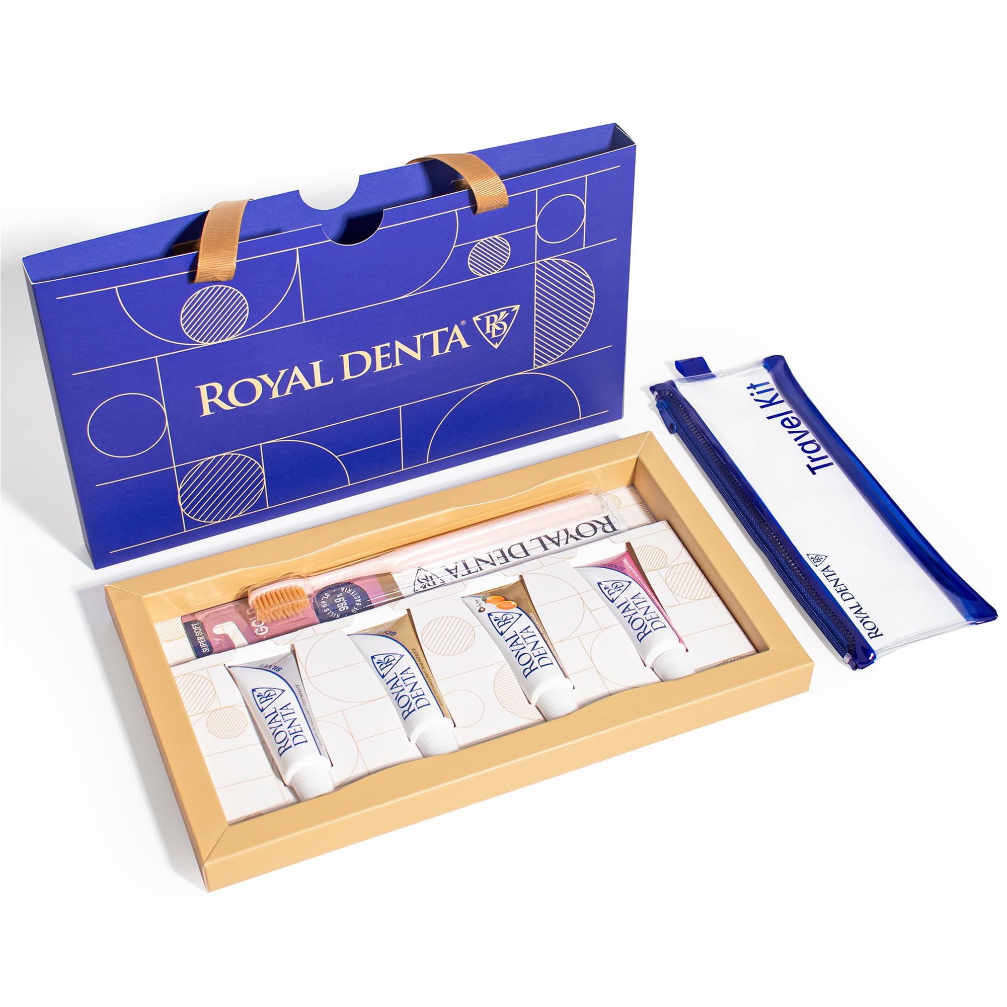 Travel Kit Gift Set – Luxury Gift Box with Silver Extra Soft Toothbrush, Water-Resistant Travel Case and Travel Toothpaste Multipack, Navy Blue