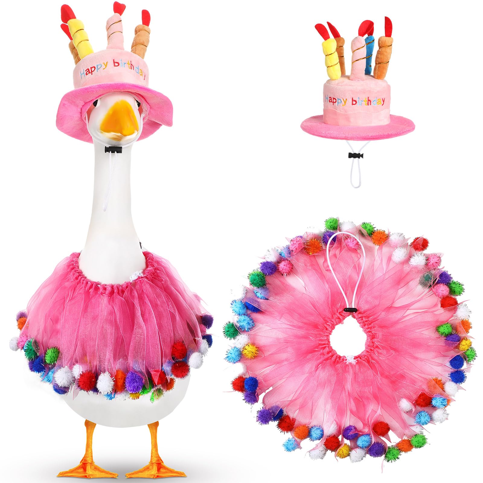 Aliceset Happy Birthday Porch Goose Outfit Lawn Goose Clothes Hat and Tutu Collar Goose Outfits for 23" Cement/Plastic Porch Goose Outdoor Statue