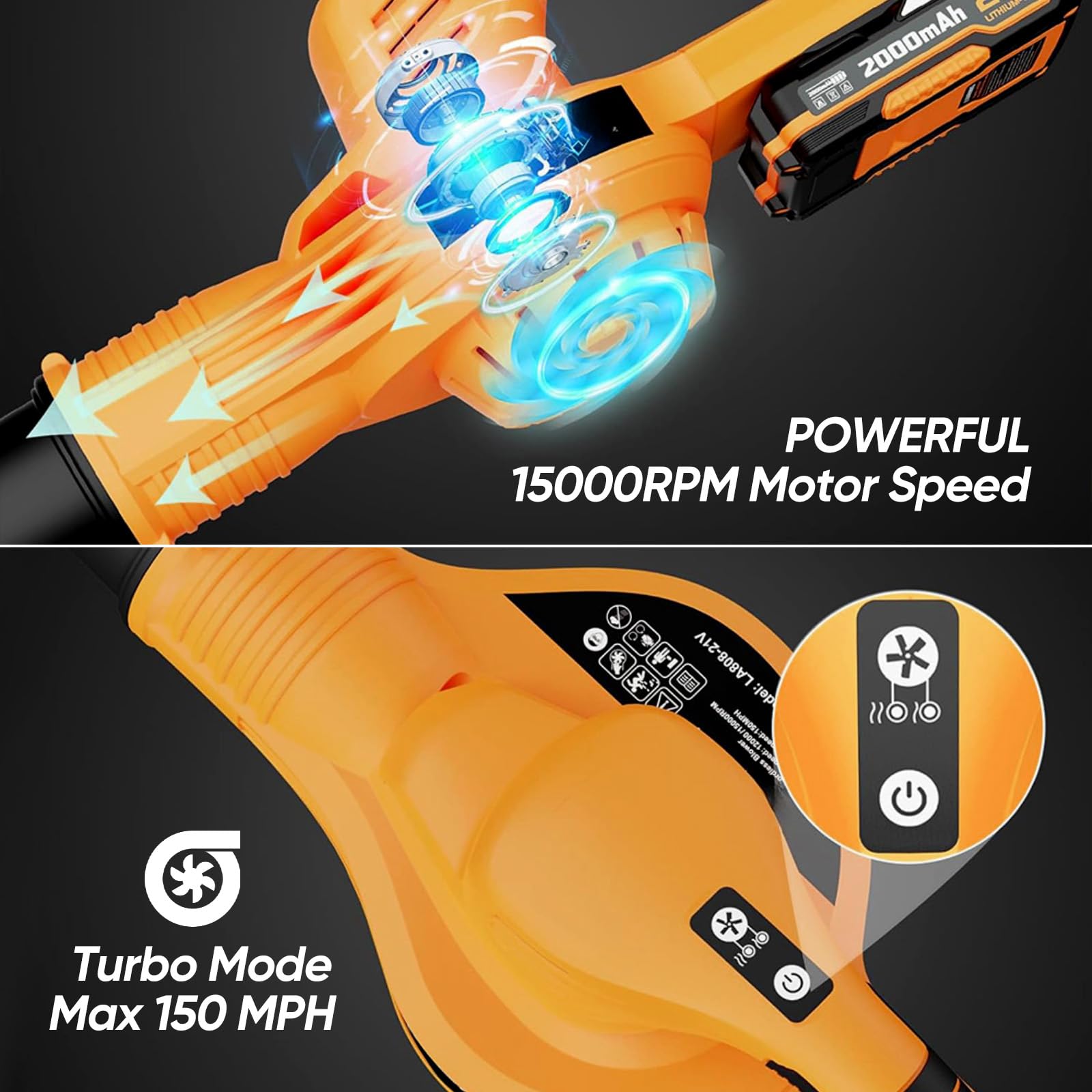 Soplador de Hojas Inalámbrico 21 V, Soplador de Batería Viene con Dos Baterías de 2,0 Ah, 2 Velocidades, Velocidad Máxima 240 km/h, Soplador Eléctrico para el Cuidado del Césped