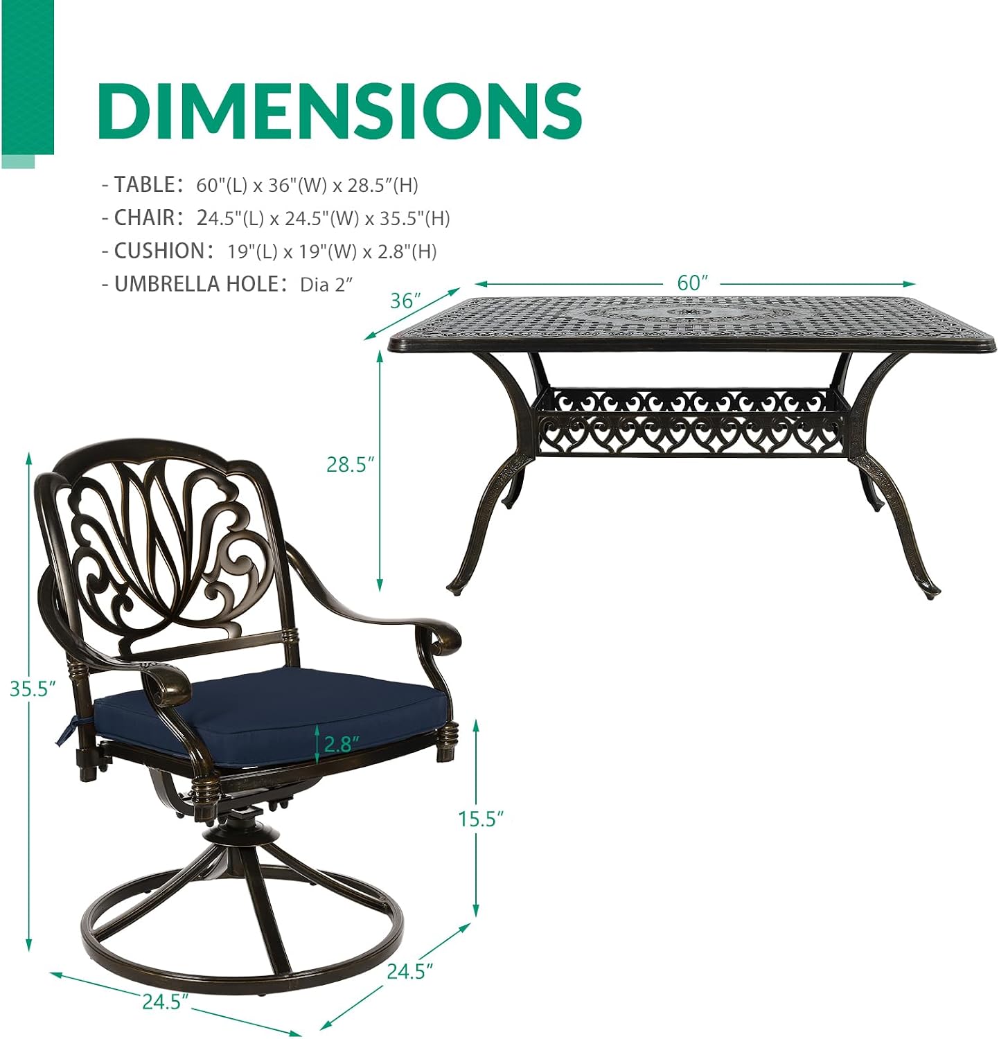 VIVIJASON 7-Piece Outdoor Furniture Dining Set, All-Weather Cast Aluminum Conversation Set Includes 6 Swivel Dining Chairs and a Rectangle Table with Umbrella Hole for Patio Garden, Navy Blue Cushion