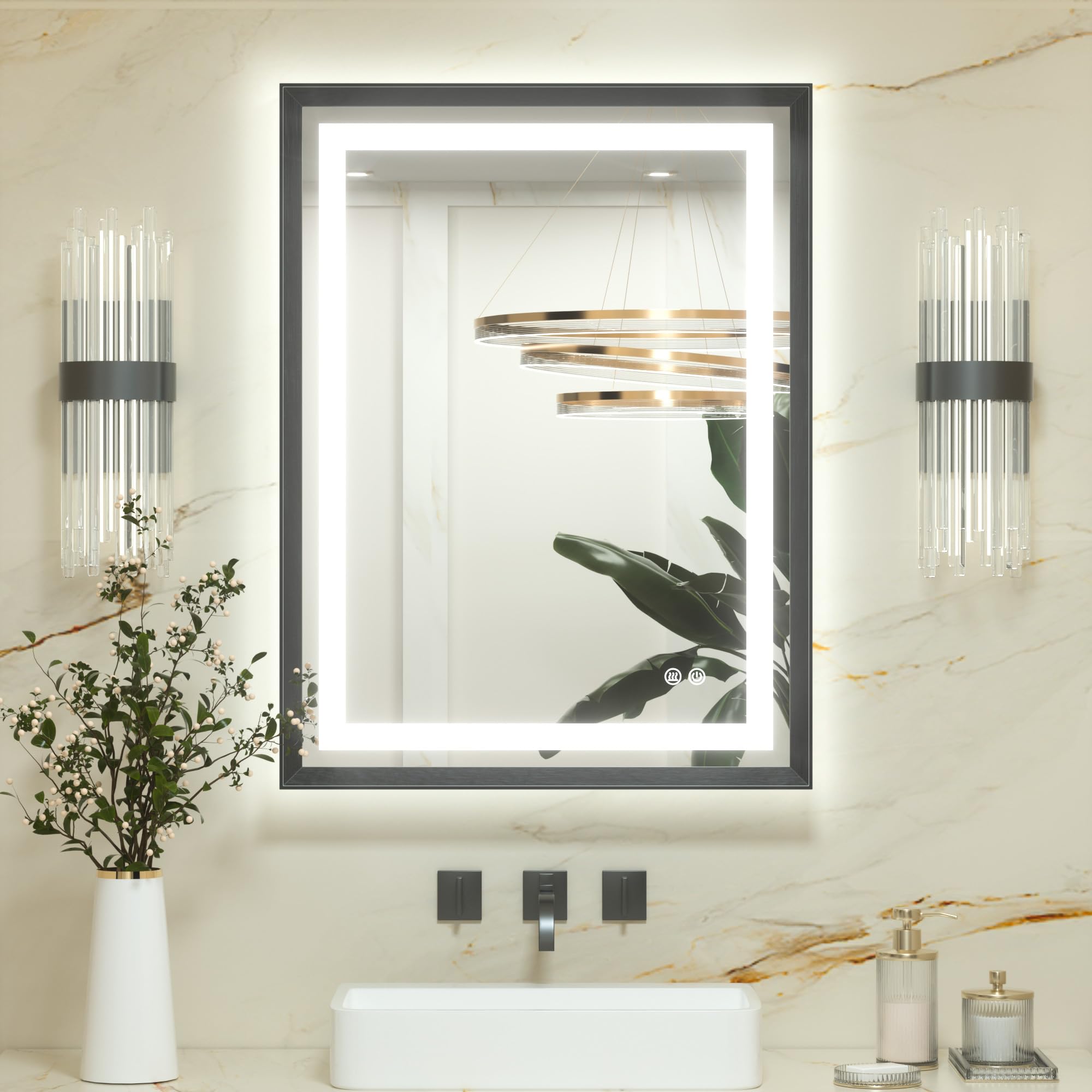 Keonjinn Black Bathroom Mirror with Led Lights 60x80cm, Antifog Vanity Mirror Black Frame Back and Front Lit 3 Colour Dimmable Illuminated Wall Mounted Rectangle Digital Mirrors — image 1